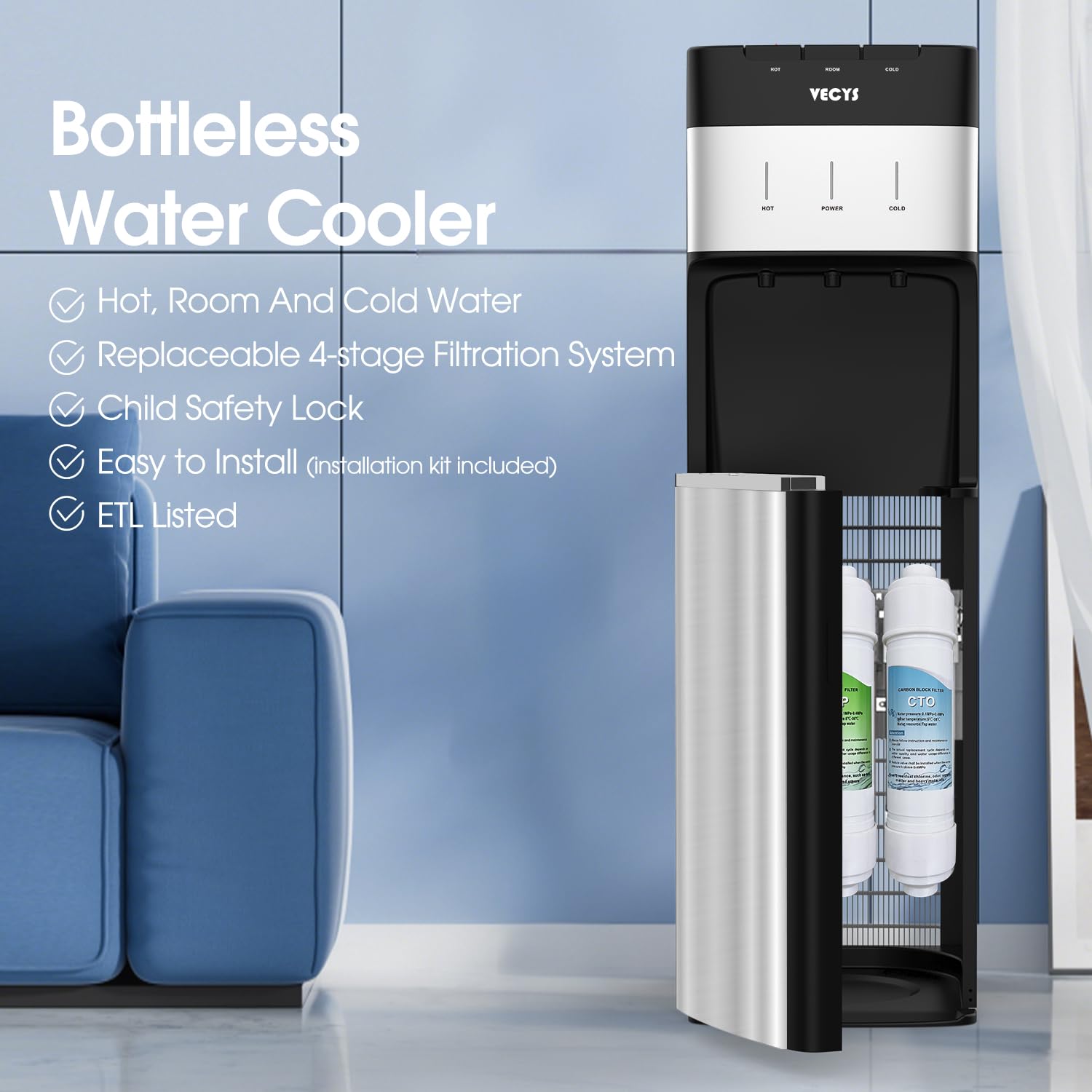 VECYS Bottleless Water Cooler with 4-Stage Filtration, Hot, Cold & Room Water Options, Self-Cleaning System for Home & Office
