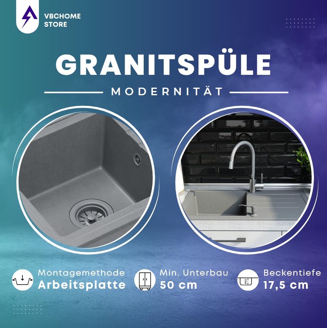 VBChome Fregadero de granito gris con grifería, 55 x 44 cm, fregadero individual, empotrable, moteado, reversible, de granito, gris, con grifo de acero inoxidable con caño extraíble