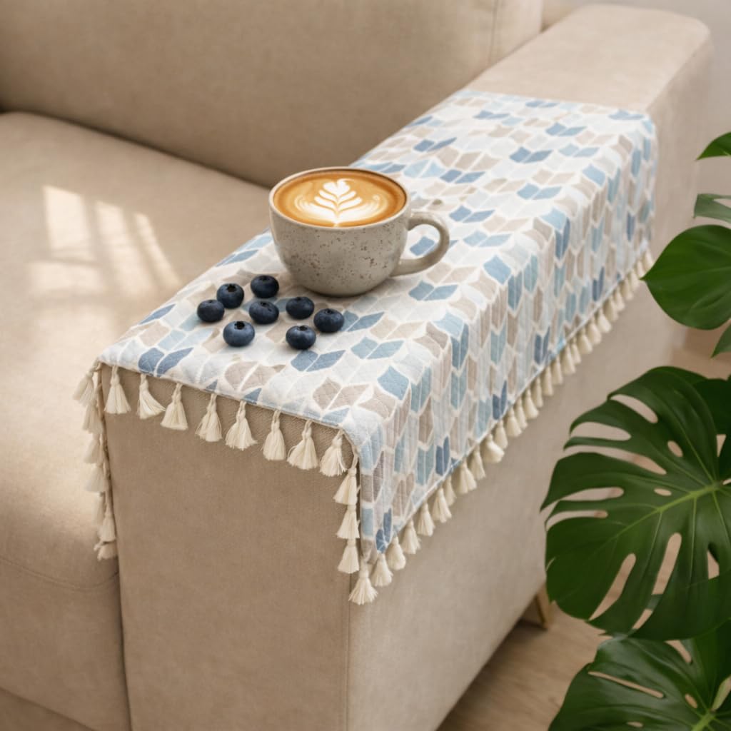 STITCHNEST Printed Quilted Sofa Arm Cover with Tassels | Stylish Hand Rest Protector | Soft & Durable | 18 x 22 Inches