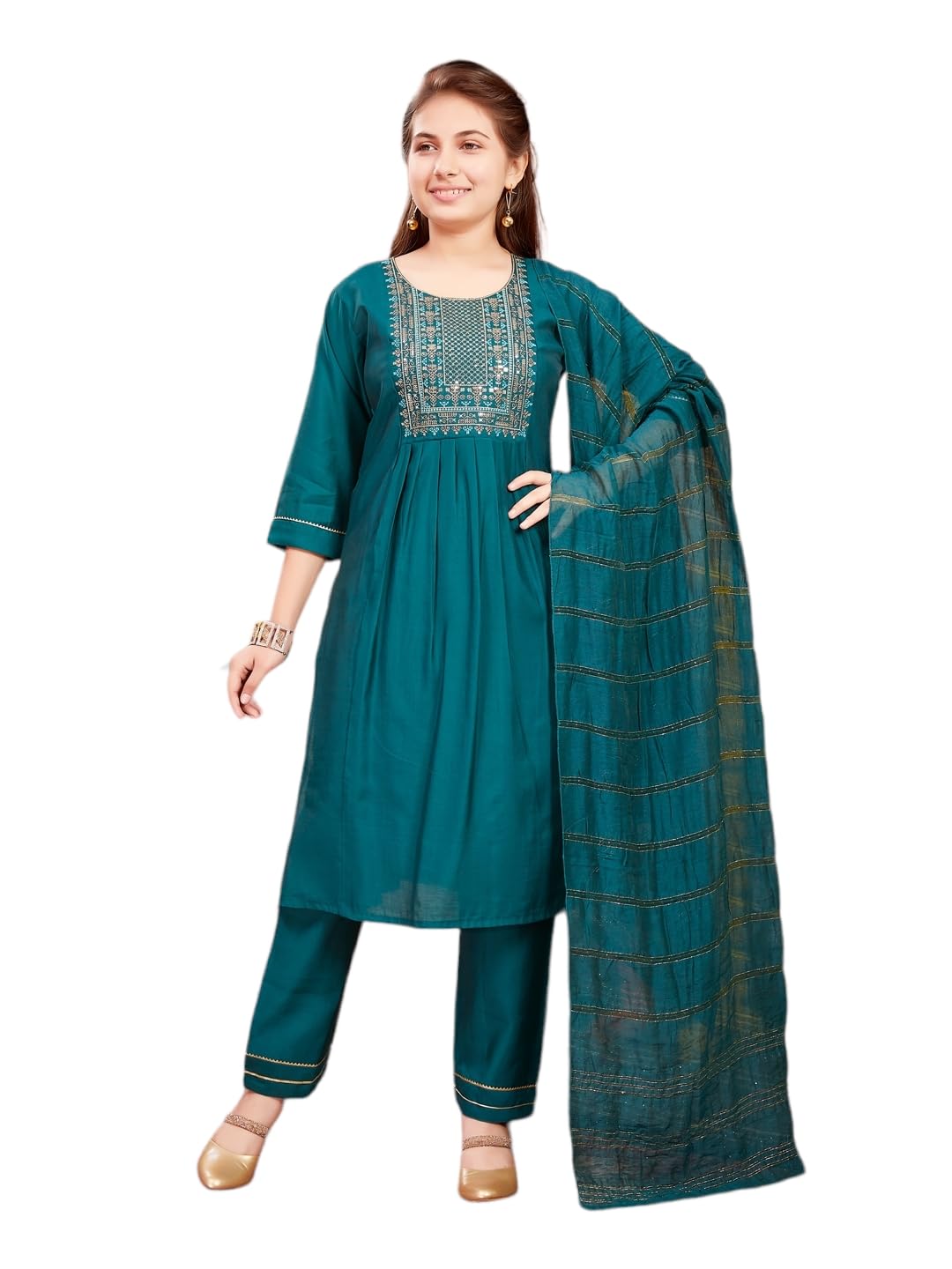 Aarika Girls Ethnic Wear Dark Green Colour Sequin Thread Embroidery With Gota Work Silk Kurti Pant Set (8-16 Years)