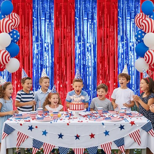 Image of TONIFUL 2 Packs Red and Blue Carnival Foil Fringe Curtains 3.3 x 6.6 ft Metallic Tinsel Streamers Backdrop for Patriotic Celebration Baby Shower Circus Theme Birthdays Party Photo Booth Decorations