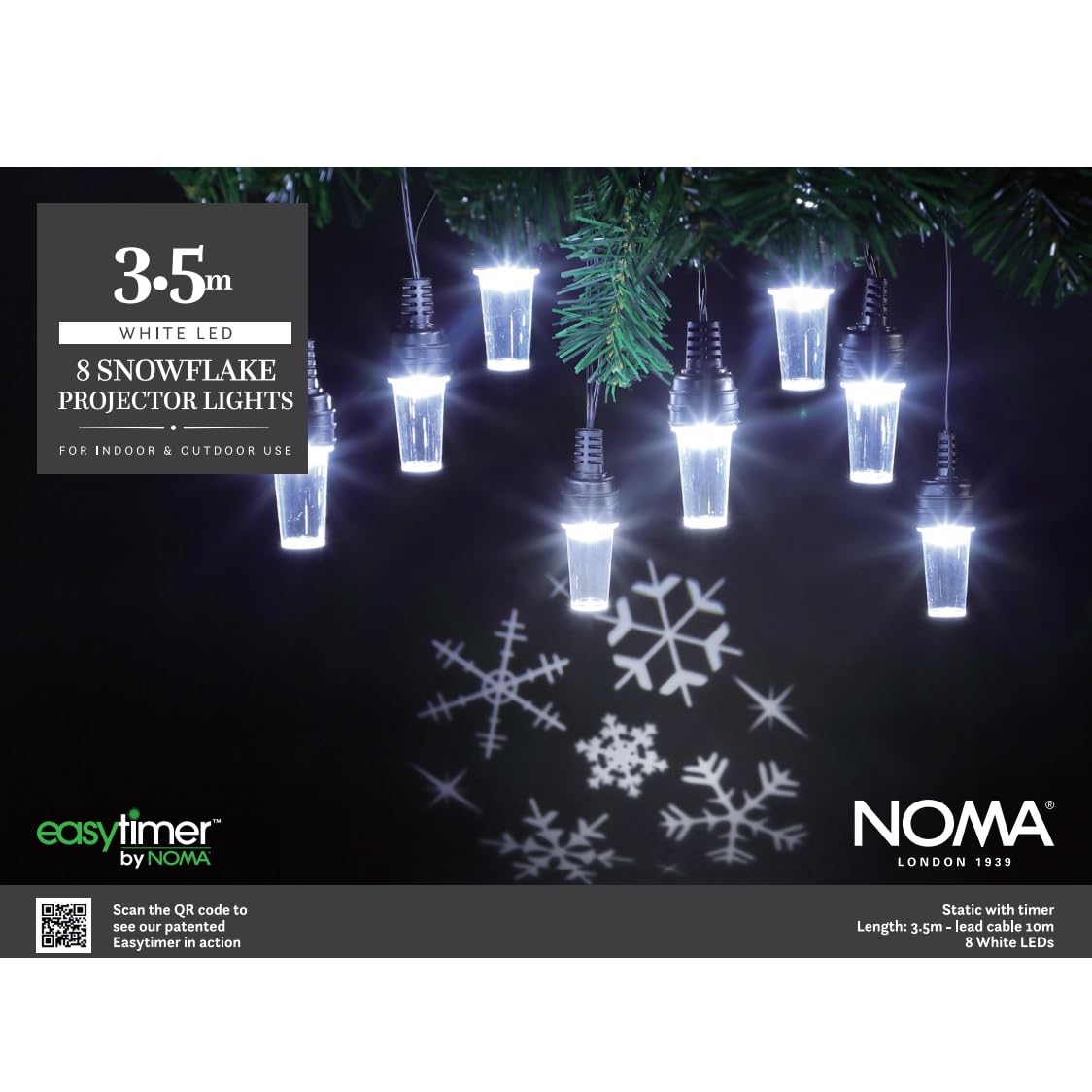 Noma Snowflake Pattern Projector Christmas String Lights, 8 Warm White Projector Bulbs, 14 m