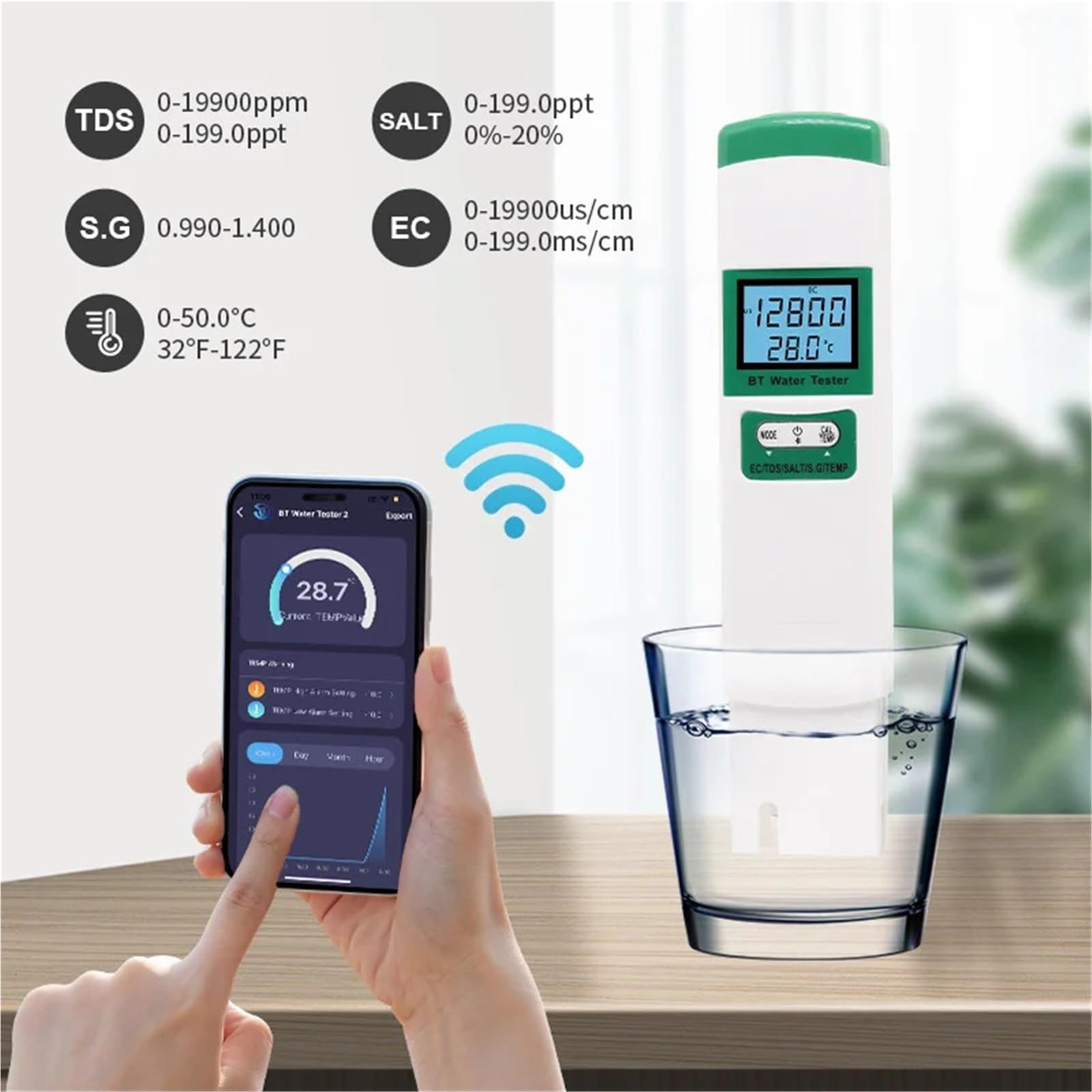 Testeur de qualité l'eau, Bluetooth, Wi-FI, TDS, EC, salinité, SG, température, ppm, for Aquariums, piscines Précision portative