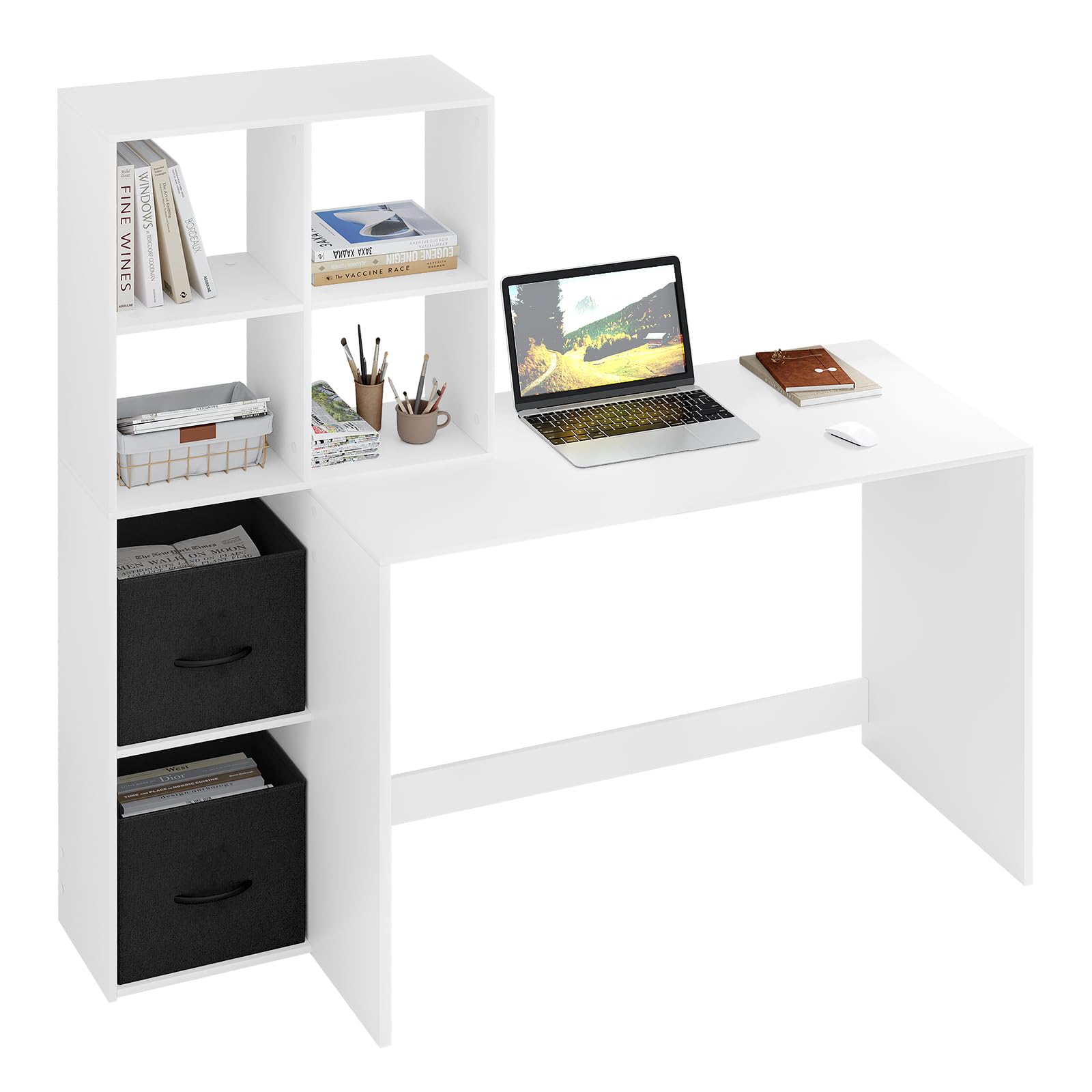 WOLTU Schreibtisch mit Regal & 2 Stoffboxen, Weiß, 140x50x134 cm | Offenes Stauraum, Geeignet für Homeoffice Schlafzimmer Wohnzimmer
