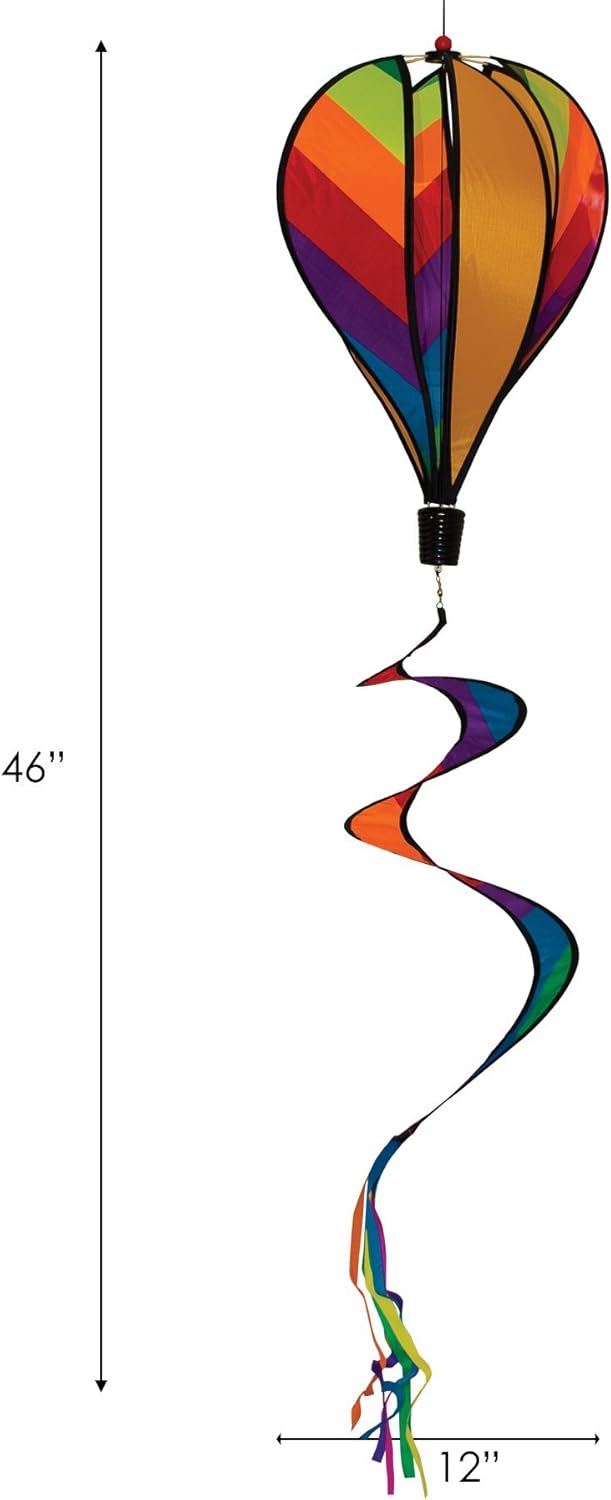 In the Breeze 6 Panel Rainbow Stripe Hot Air Balloon - Wind Spinner Includes Curlie Tail - Colorful Kinetic Hanging Decoration,11" W x 17" H, 30" Tail