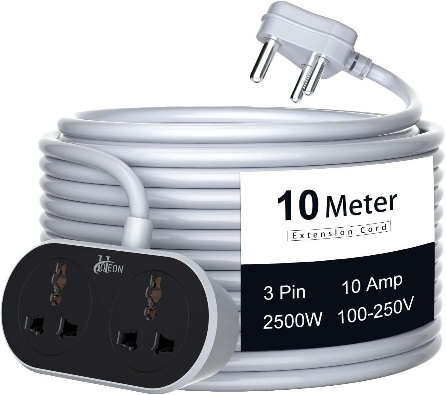 Extension Board 10 Meter, 2500W Extension Cord, 10A Heavy Duty Ultra-Long Wire, 2 Universal Outlets Power Cord with Surge Protection, 3-Pins Power Cable for Home Office Indoor Outdoor