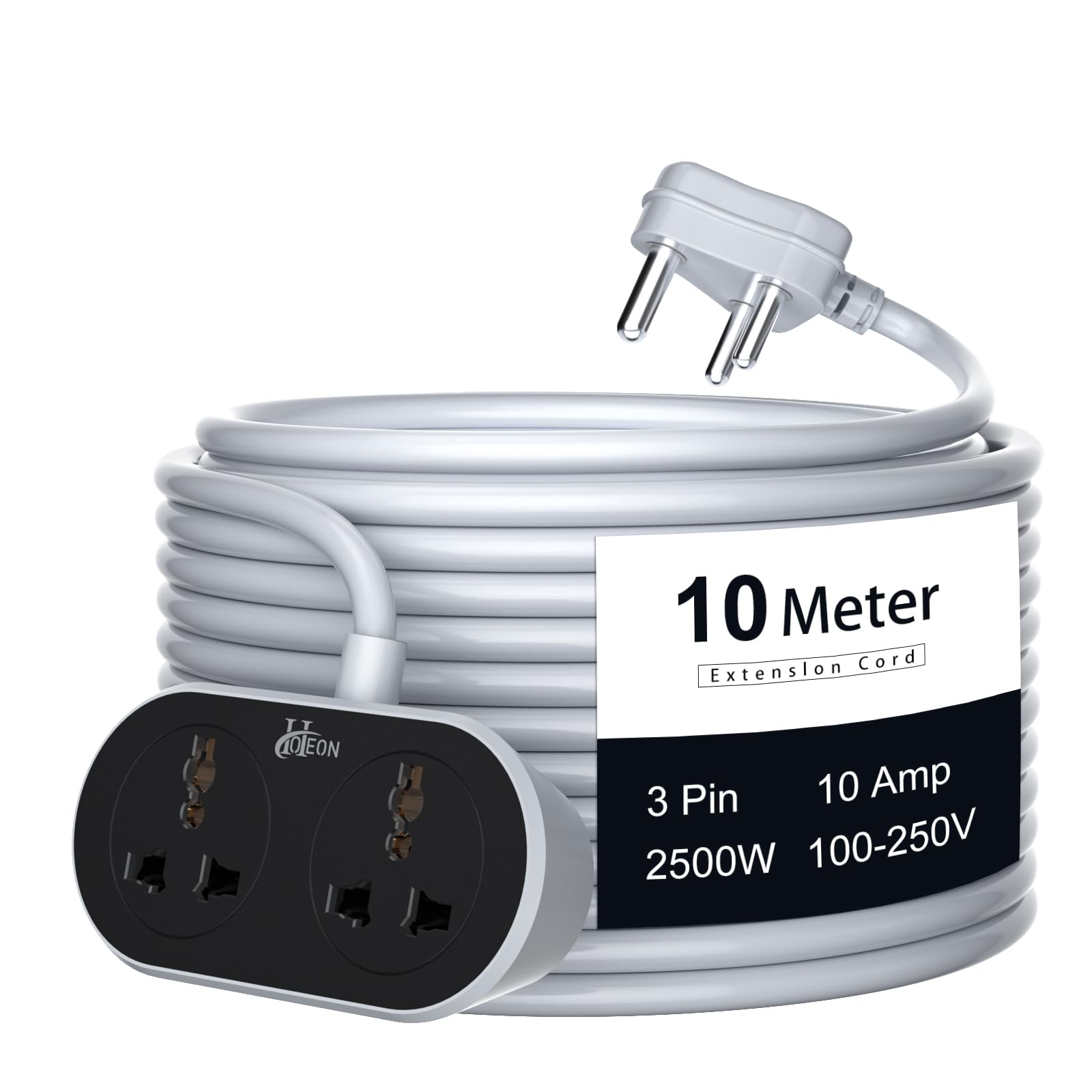 Hoteon Extension Cord 10 Meter, 2500W Extension Board, 10A Heavy Duty Ultra-Long Wire Extension, 2 Universal Outlets Extension Cable, 3 Pins Power Cord Extension for Home Office Indoor
