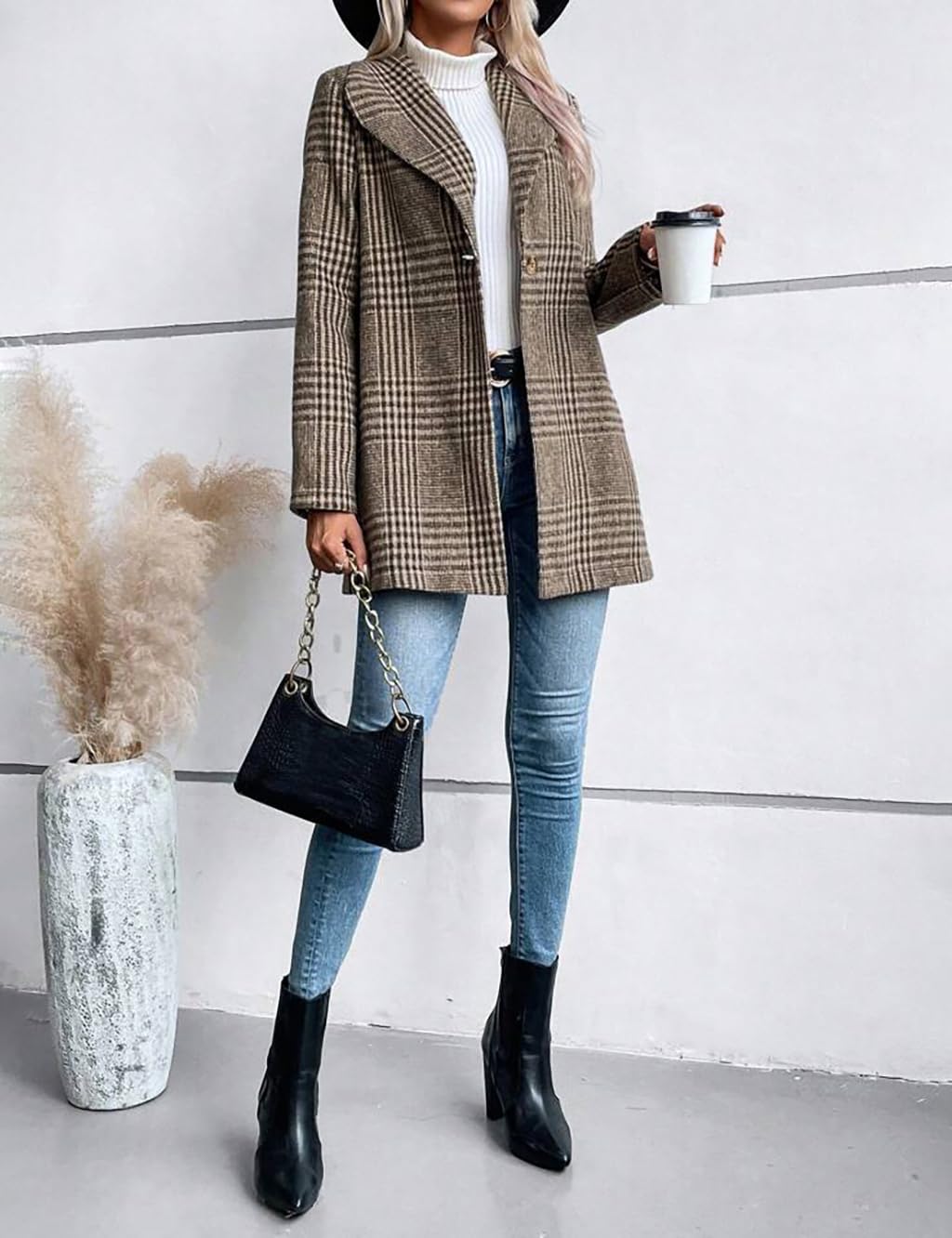 IDEALSANXUN Blazer largo de lana a cuadros para mujer, trajes de otoño e invierno, gabardina de manga larga, casual, elegante, chaqueta con solapa