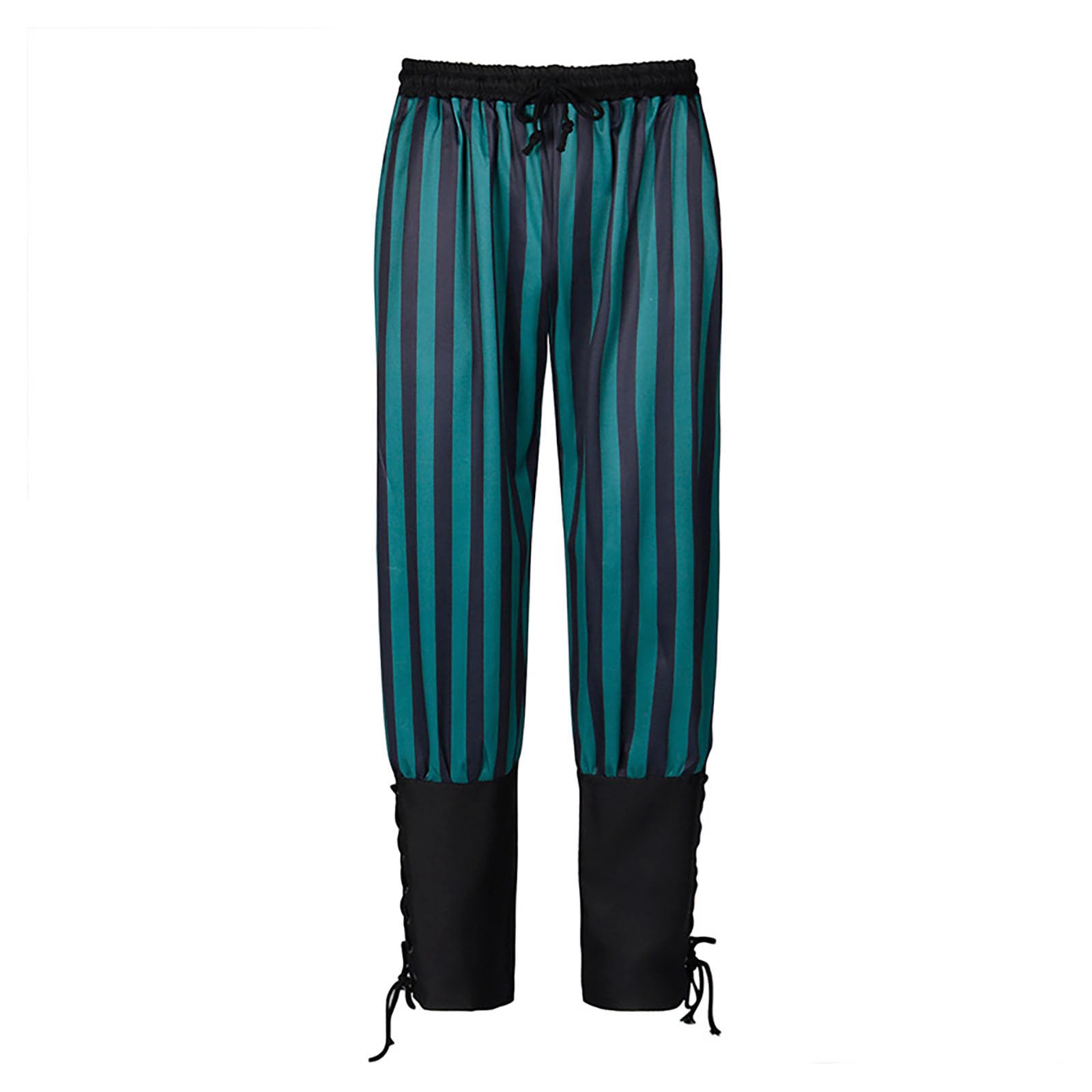 Pirate Trousers Men's Steampunk Striped Trousers with Lacing Medieval Renaissance Victorian Pirate Trousers Elastic Waist Drawstring Jogging Bottoms Halloween Cosplay Costume, O Green, L