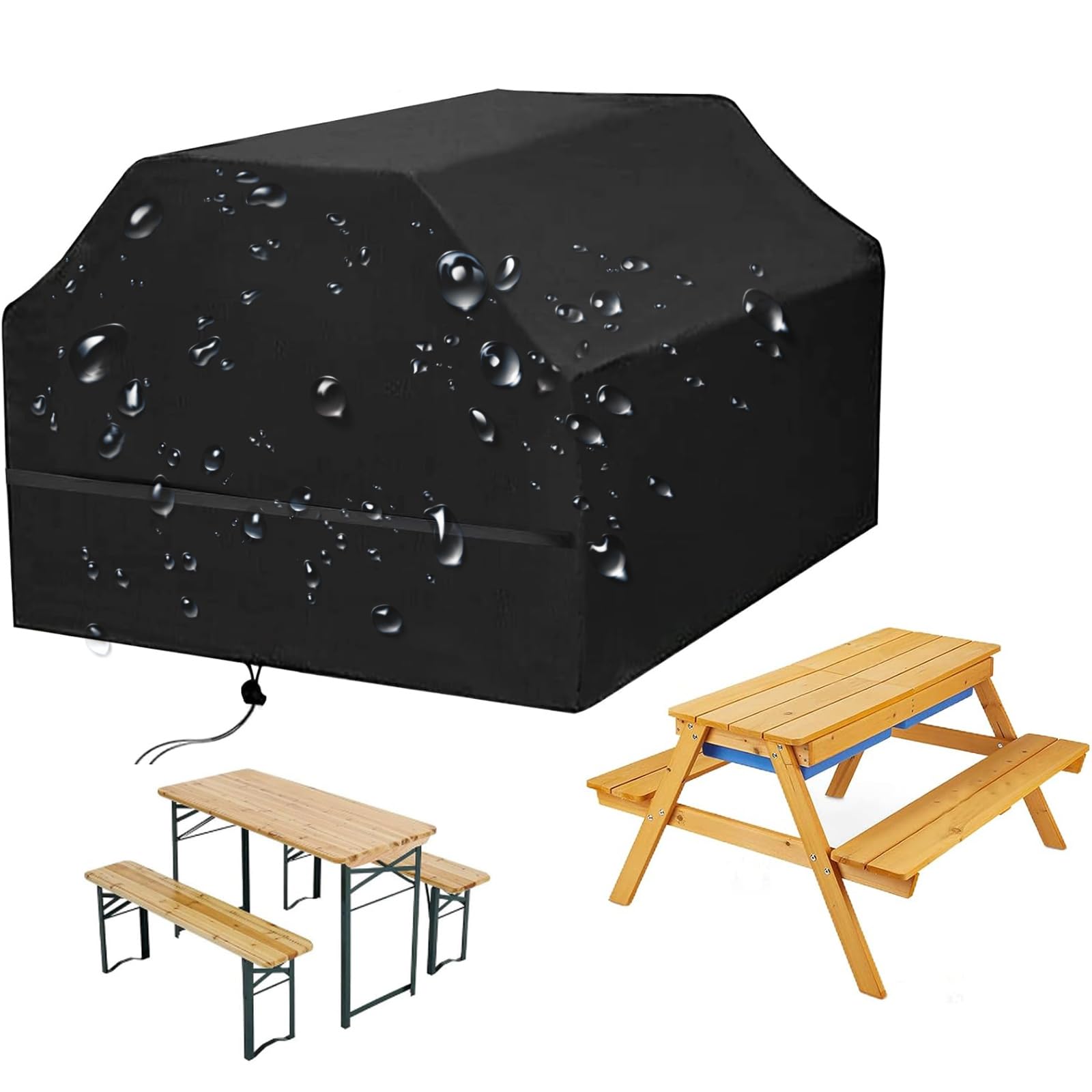 Wasserdichte Outdoor-Abdeckung für Kinder-Picknicktisch, robuster Schutz für Bierbank-Set, Gartentischabdeckung, schwarze PVC-Plane für Picknick-Sitzgelegenheiten aus Holz (Größe: 160 x 150 x 80 cm)