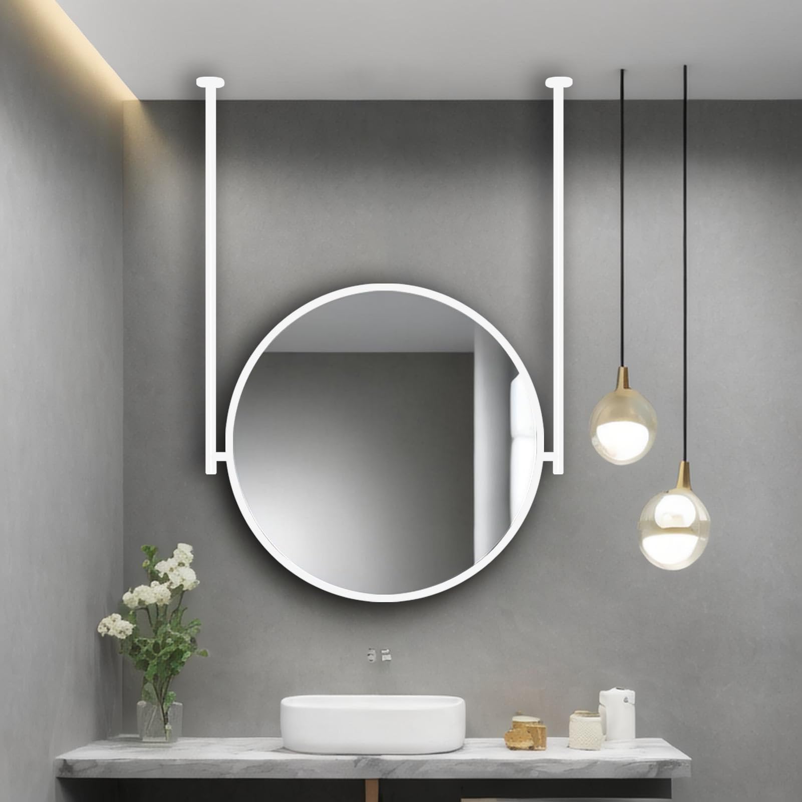 FGXHHS Rounded Ceiling Mounted Mirror, White Frame Decoration Wall-Mounted Mirrors with Metal Floating Boom, Hotel Bathroom Vanity Makeup Hanging Mirror(Diameter-40CM/15.7INCH)