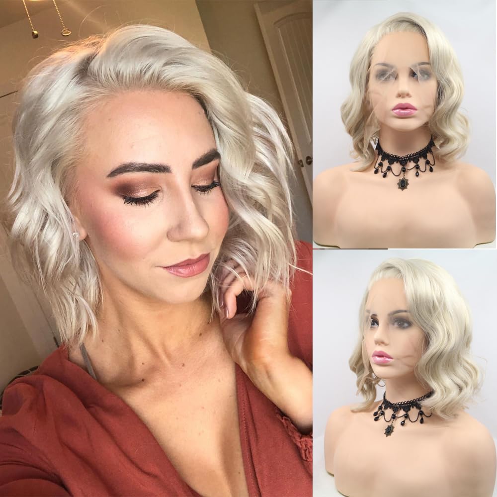 Xiweiya Short Mixed Blonde Curly Cosplay Lace Front Lace Wigs Synthetic Blonde Curly Heat Resistant Fiber Wigs Middle Parting Short Blonde Curly Wig for Women drag queen 14 inch…