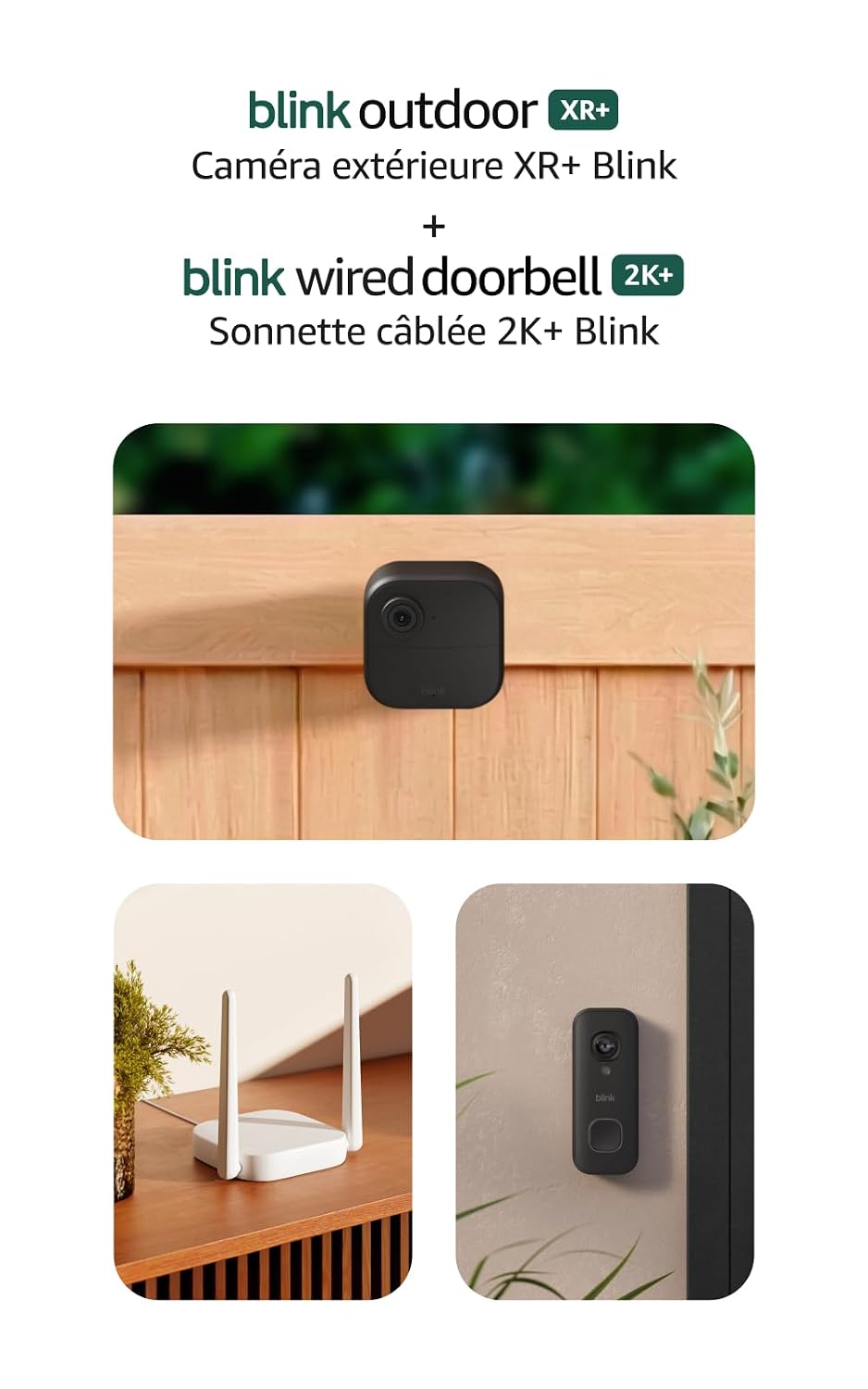 Blink Outdoor XR+ and Wired Doorbell 2K+ — Extended range wireless Outdoor 4 camera and 2K hardwired doorbell. Sync Module XR+ included — 1 camera system + doorbell