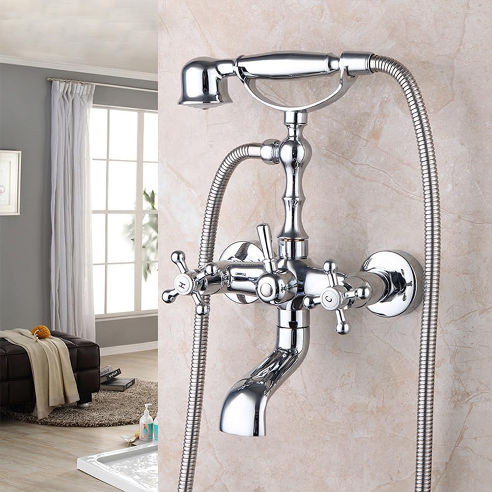 Grifo De Bañera Latón Dos Mandos Grifo De Ducha Con Ducha De Mano Retro Antique Estilo Montaje En Pared Mezclador De Baño Y Ducha, 150 Cm Manguera, Cromado