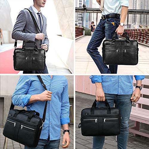 BAIGIO Men's 14/15.6 Inches Laptop Briefcase Genuine Leather Business Satchel Handbag Shoulder Tote Bag for Men and Women (Black)