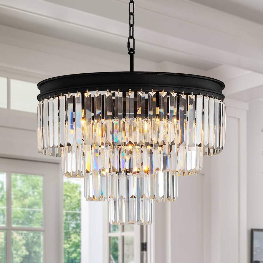 Crystal Chandelier Lighting Pendant Ceiling Modern Chandeliers Light Fixture for Dining Rooms Entryway Living Room Fringe Raindrop Round Hanging Style