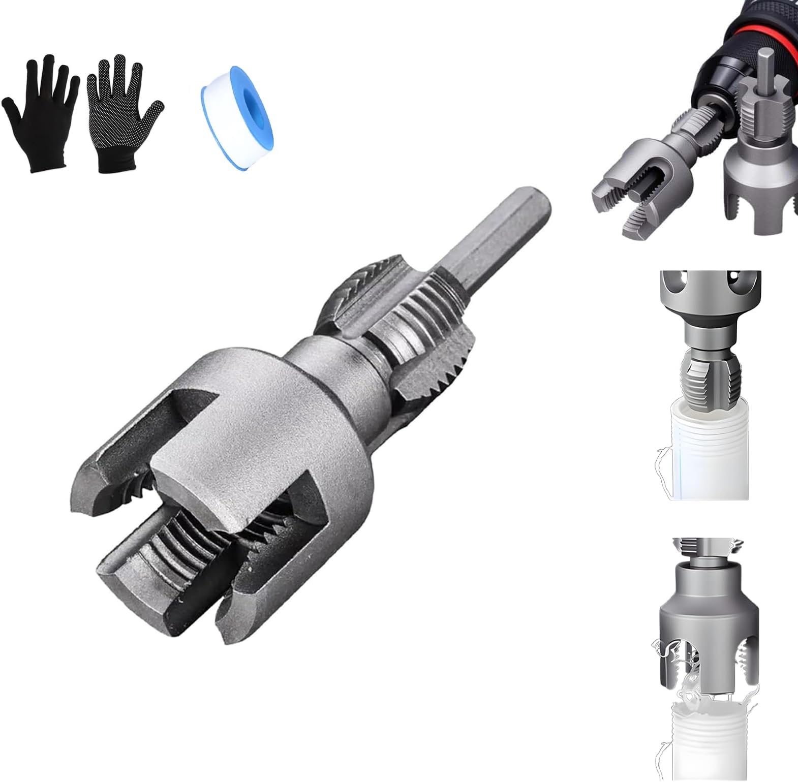 2025 New Dual-Function Pipe Thread Cutting Tool, Integrated Internal & External Pipe Threading Tool, Electric Drill Compatible PVC Pipe Threader Kit, 1/2" 、3/4" Dies, for Home Repair (1/2")