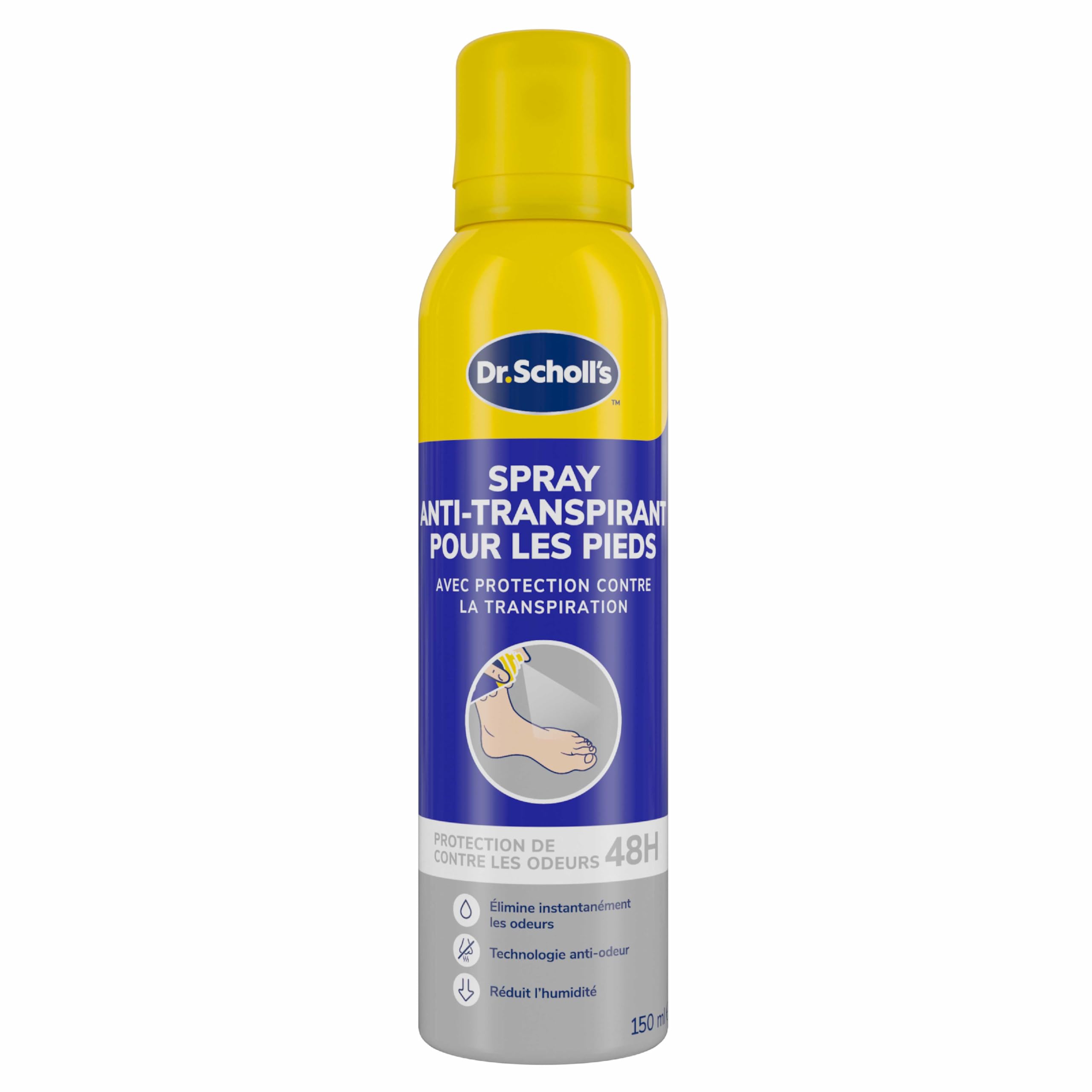Dr. Scholl's, Déodorant pour les Pieds, 150 ml – Neutralise les odeurs jusqu'à 48 heures, Fraîcheur longue durée, Formule double action, Spray pour les pieds malodorants