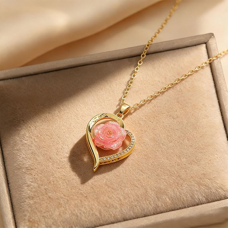 ONLYJUMP Rose Alloy Necklace for Women Heart Pendant Copper Zircon Light Luxury Fashion Jewelry Dainty Romantic Statement Necklace for Daily Wear Ideal Valentine's Day Anniversary Birthday Gift - Image 5