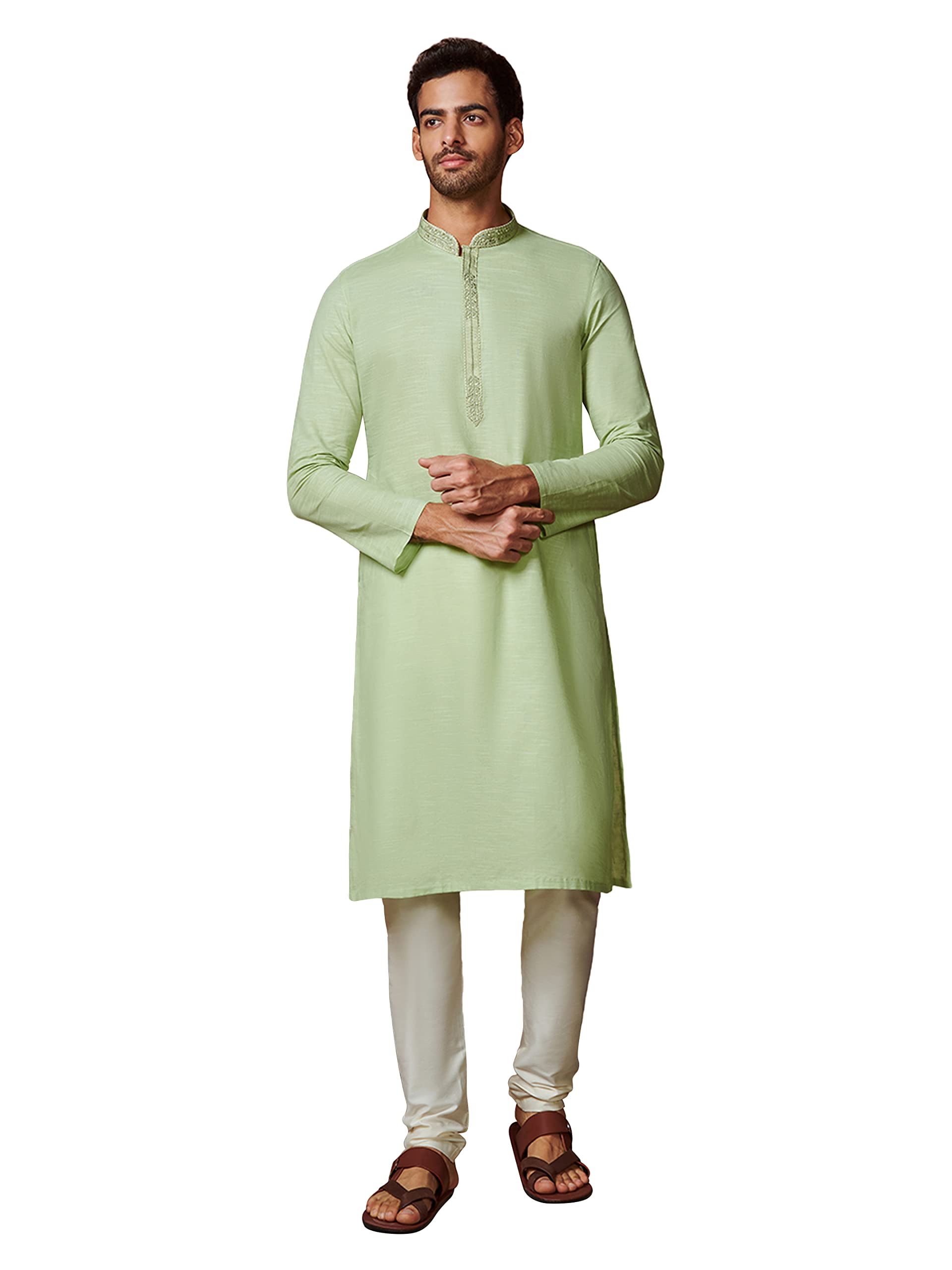 manyavar Men's Cotton Neckline Embroidered Kurta Set (2pcs)-picture-28