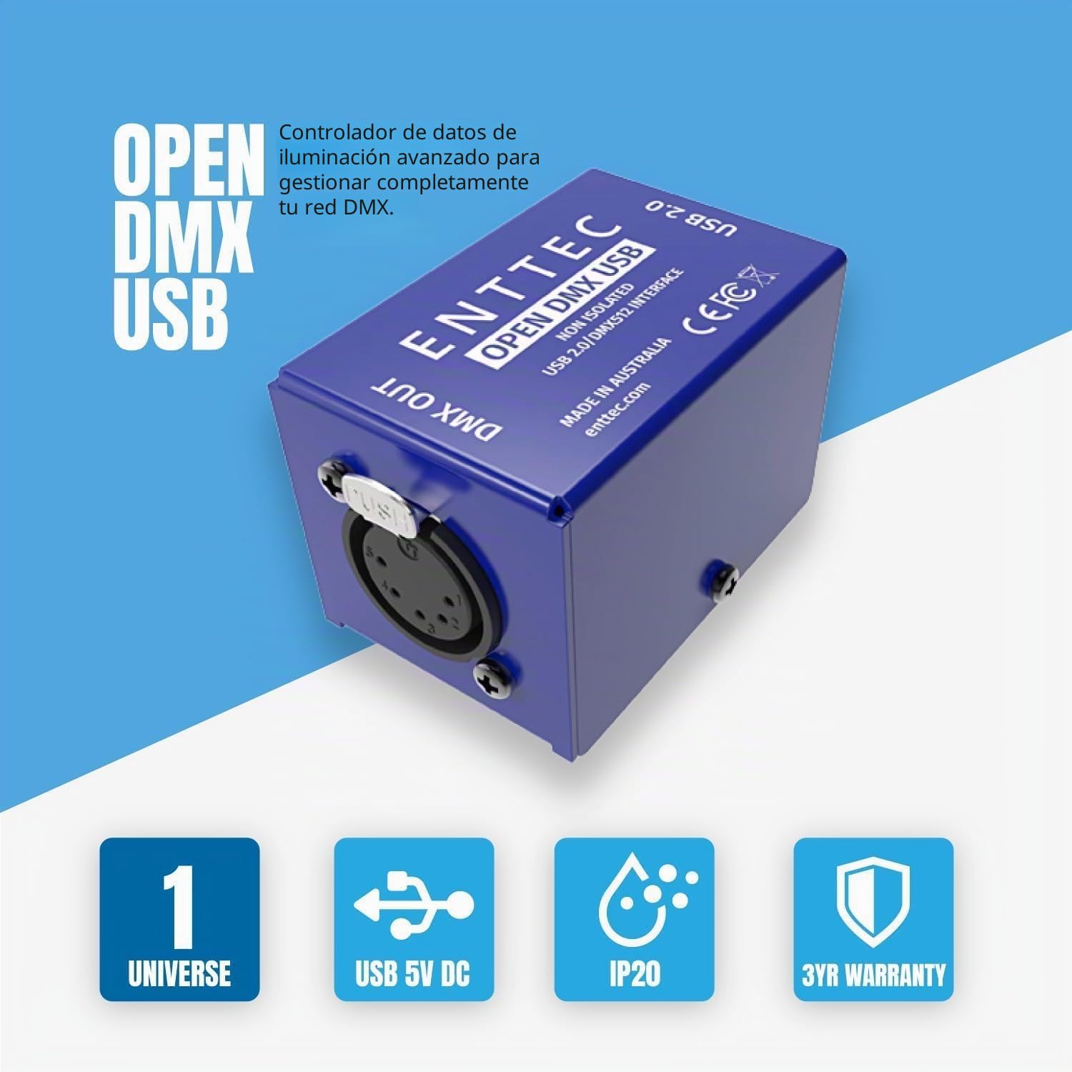 Enttec Open DMX USB 70303 - Widget de controlador de interfaz de iluminación (código abierto/hardware) paquete SIRS-E adaptador XLR de 5 pines a 3 pines con paño de pulido SIRS-E