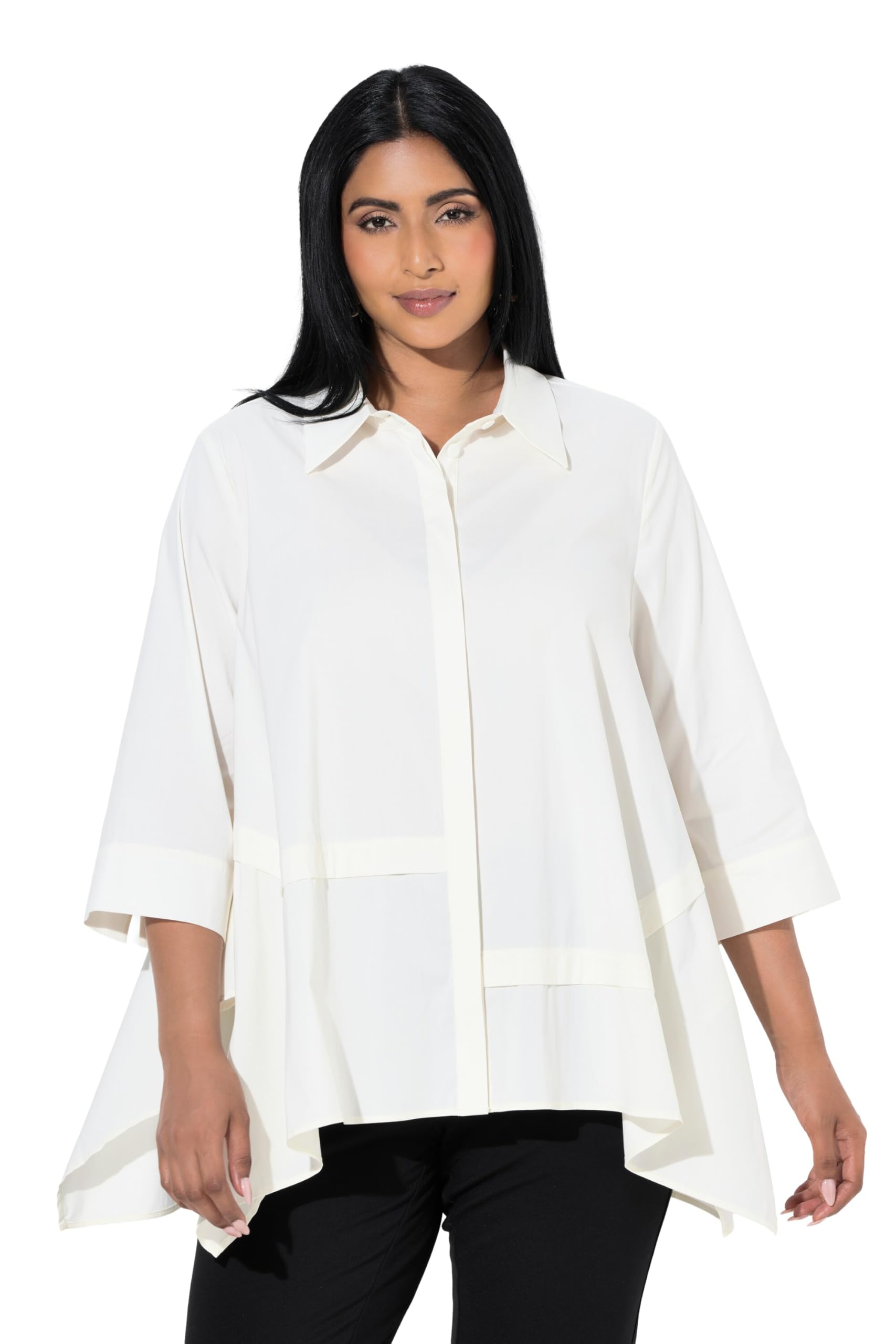 Ulla Popken Damen große Größen Übergrößen Plus Size Bluse, Ziernähte, Hemdkragen, 3/4-Arm, asymmetrisch 846938