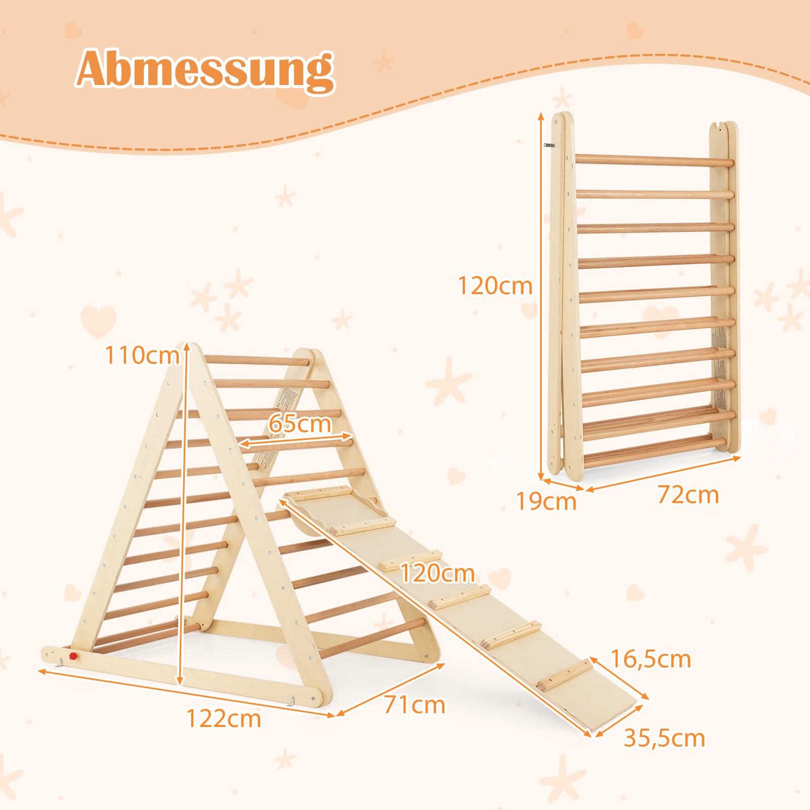 DREAMADE Kletterdreieck mit Rampe, klappbar Kletterspielzeug Holzdreieck aus Massivholz, Indoor Klettergerüst für Kinder ab 3 Jahren (Natur)