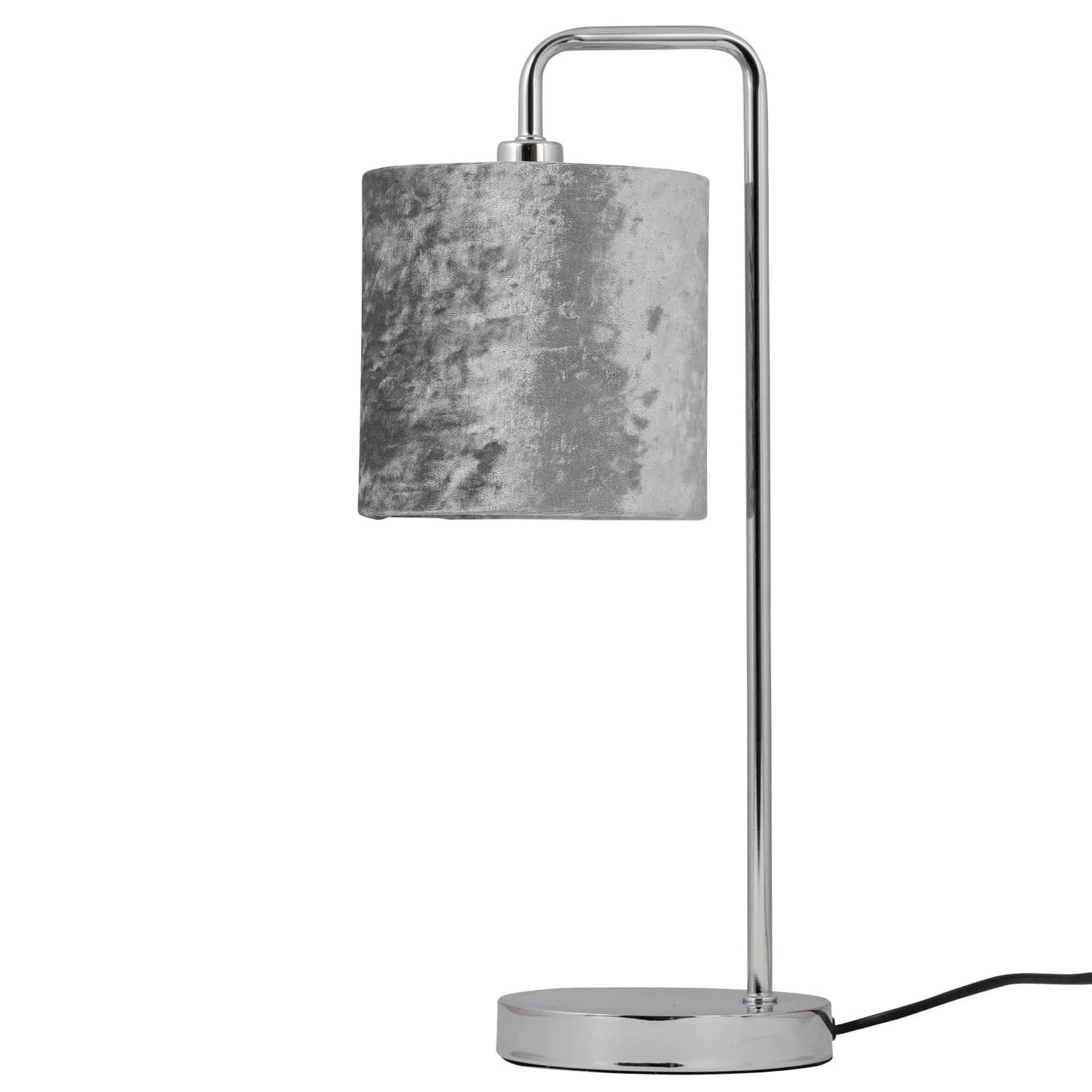 Firstchoicelighting Chrome & Grey Polished Chrome Table Lamp Or Bedside Light, Modern Arched Design, Grey Crushed Velvet Shade, Height 45Cm, Led Compatible