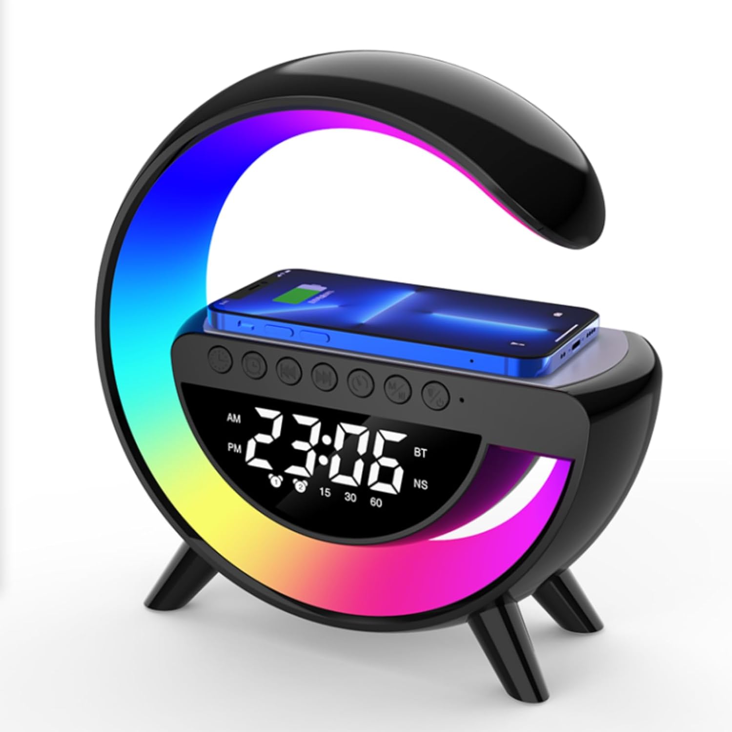 15W Wireless Charging Ambient Light Bluetooth Speaker Alarm Clock Multifunctional G-Type Colorful Bedroom Light Desktop Creative Ornament (Black)