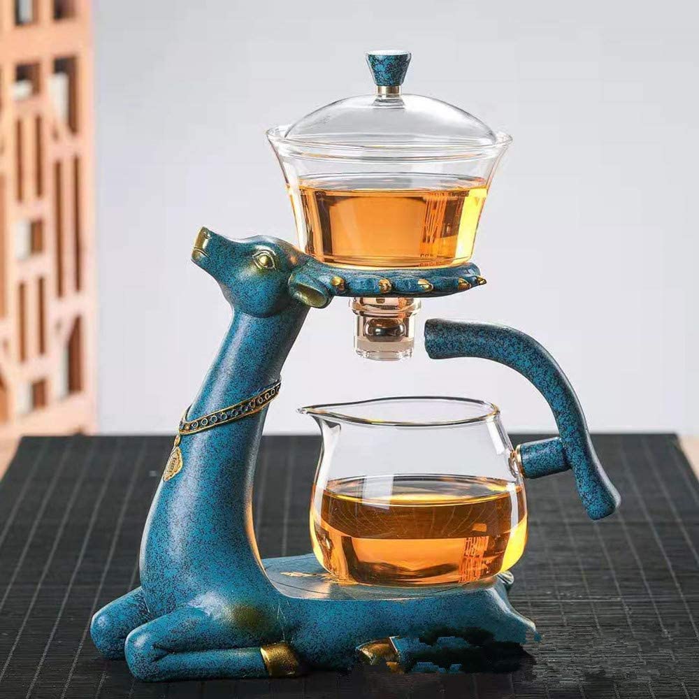 RORA Set da tè in vetro Kungfu resistente al calore con riscaldatore magnetico per divaricazione dell'acqua rotante, teiera in vetro pigro semiautomatica per cervi (teiera)