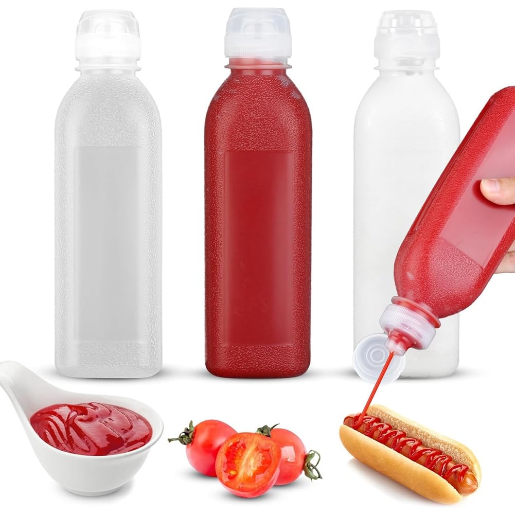 Povxlum Transparent 3-Pack 17 Oz (500Ml) Condiment Squeeze Bottles, Squeeze Bottles For Sauces, Olive Oil Dispenser, Ketchup Bottles Squeeze