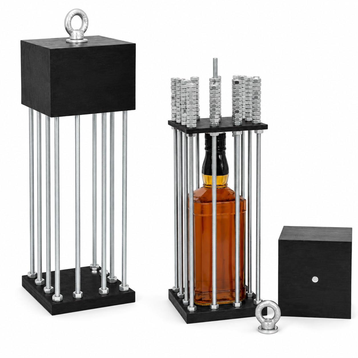 Alkoholkäfig Geschenk für Männer, Flaschenkäfig aus Holz und Metall, origineller Flaschenhalter für Whisky, Wein & Spirituosen, Geburtstagsgeschenk, 12 x 12 x 34 cm, ohne Inhalt