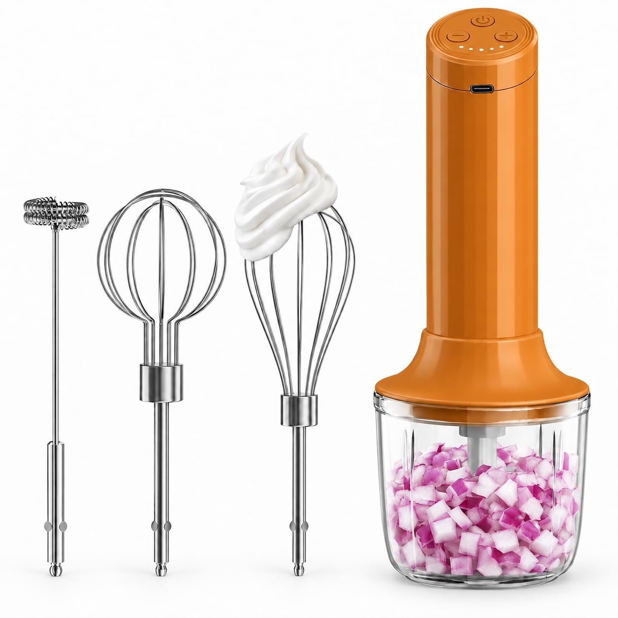 4-in-1 Electric Hand Mixer, Electric Whisk, Mini Onion Chopper 10Oz, Small Cordless Hand Blender, Milk Frother Wand for Coffee, Matcha, 4 Speed Rechargeable Food Processor for Baby Food Maker