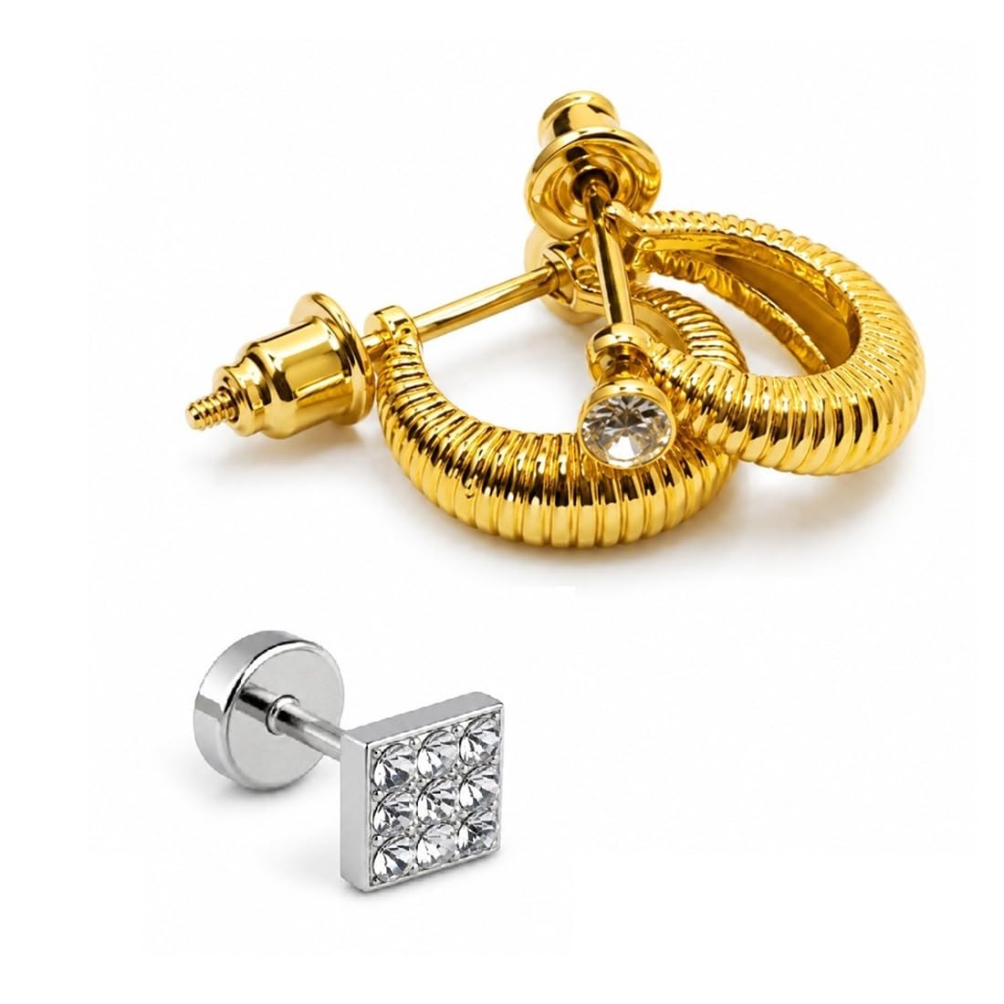 Combo of Men Silver Square & Golden Shell Stylish Bali Pair Style Ear Earrings & Studs, Crystal Stone Design, Trendy Daily Wear-image-38