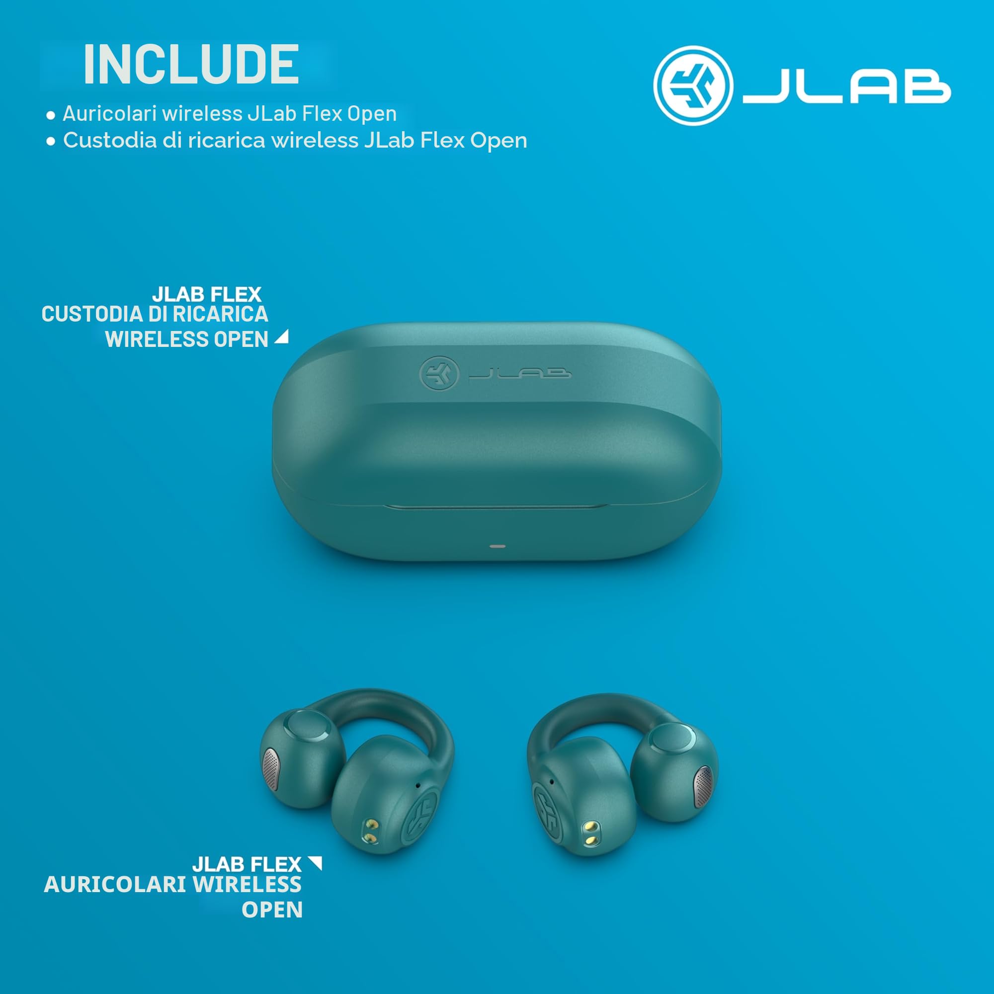 JLab Flex Cuffie Open Ear - Auricolari Open Ear Wireless, Design con Clip, 21H di Autonomia, Auricolari con Bluetooth Multipoint, Microfono MEMS, Personalizzazione con App, Verde Acqua