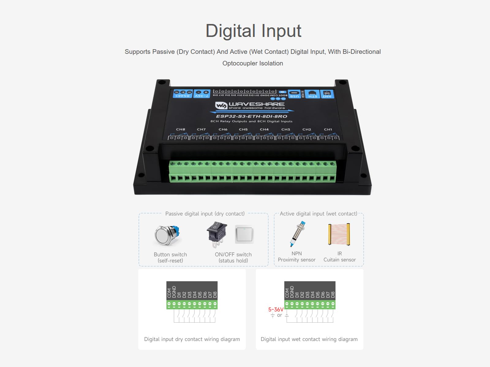 Módulo de relé WiFi industrial ESP32-S3 de 8 canales, RS485 integrado, entrada digital, relé, puerto Ethernet y múltiples circuitos de protección de aislamiento, soporta RS485 y control remoto