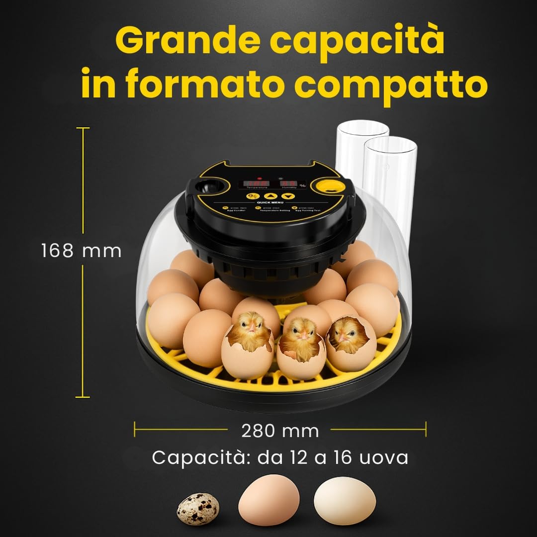 INCUBATRICE AUTOMATICA per Tutti i Tipi di Volatili |12-16 uova|controllo di temperatura, umidità e girauova|include calendario,mangiatoia,abbeveratoio e guida|senza batteria,alimentazione di rete 35W