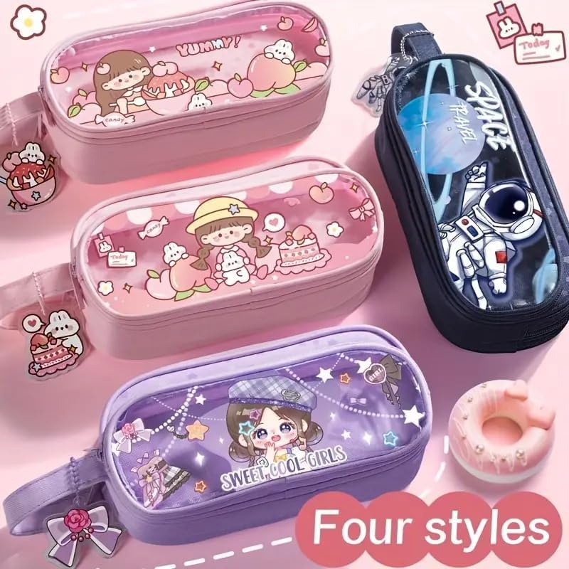 Image of Zqiue Canvas Large Capacity Transparent Cartoon Print Pencil Case 3 Compartment Cute Aesthetic Pencil Case for Girls Multifunctional Stationery Organizer for School Office