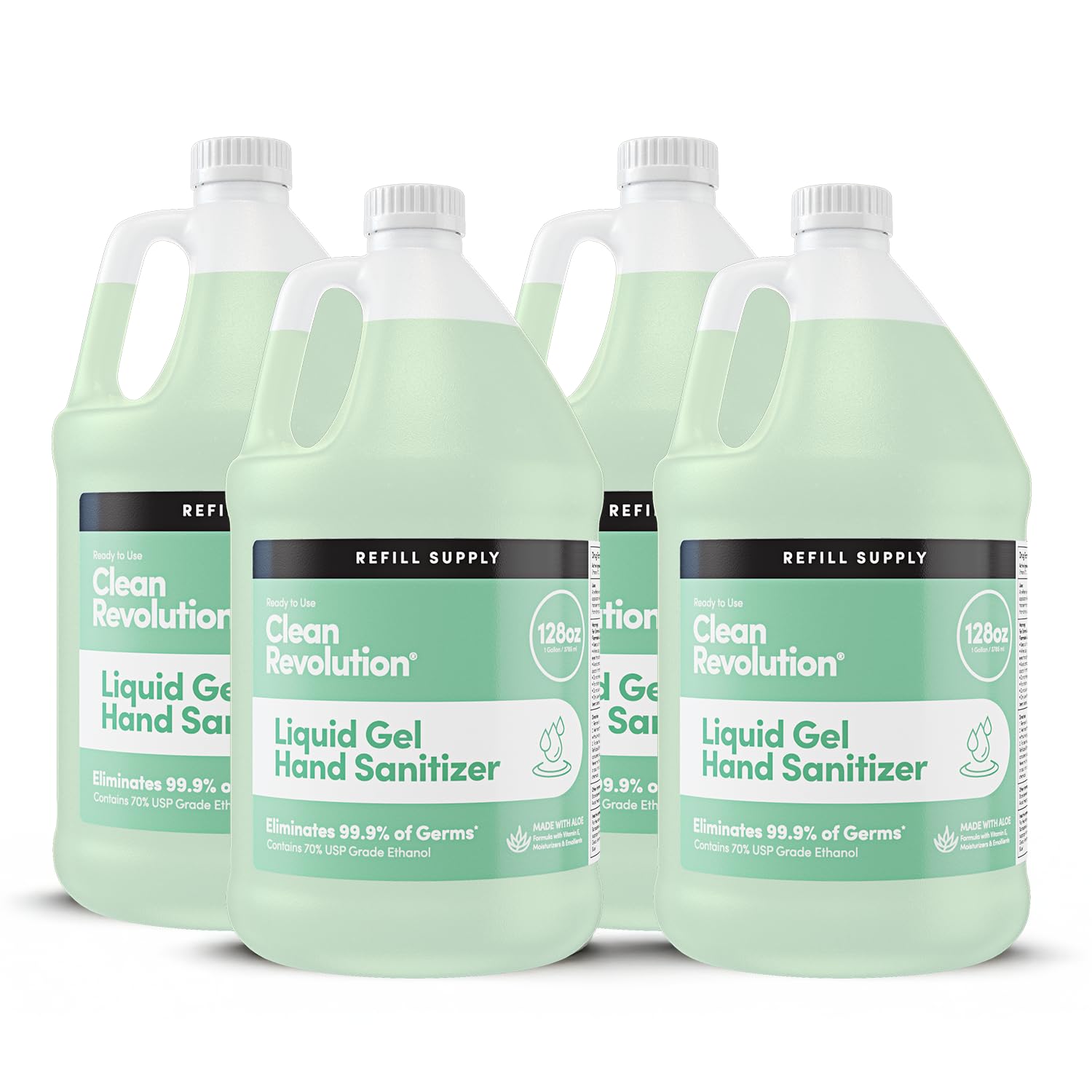 Clean Revolution Liquid Gel Hand Sanitizer 128 oz Refill Bottle 4-Pack, Gentle, Aloe Scented, 70% USP Medical Grade Ethanol, Medical Facility Compliant - Made in USA