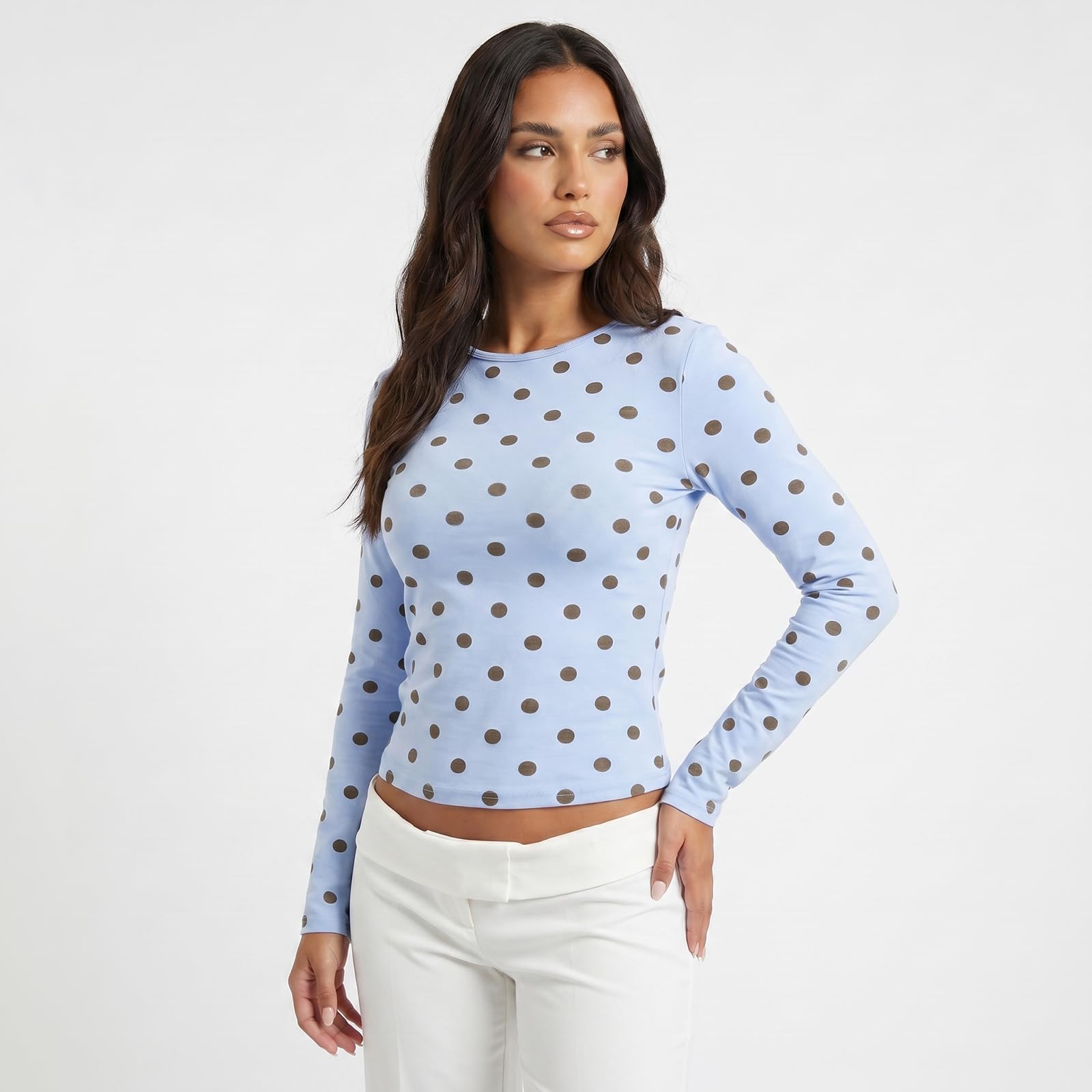 GXNRHG Camisetas de Manga Larga Suave con Lunares para Mujer, elásticas, Ajustadas, básicas, para Salir