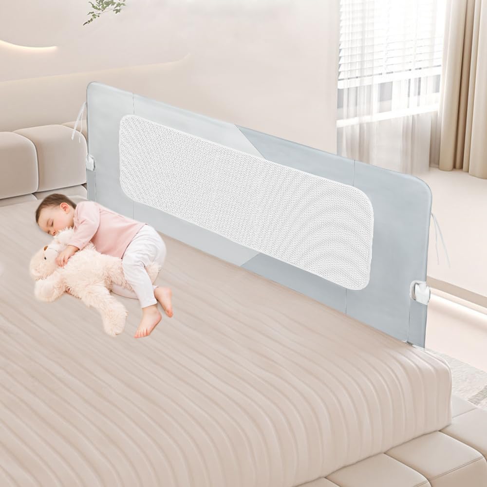 Homewell Portable Bed Rail 150 x 66-80 cm, Barrera de cama infantil plegable, altura ajustable, marco de metal, barrera de seguridad para niños, cama de matrimonio, poliéster (gris claro + gris oscuro