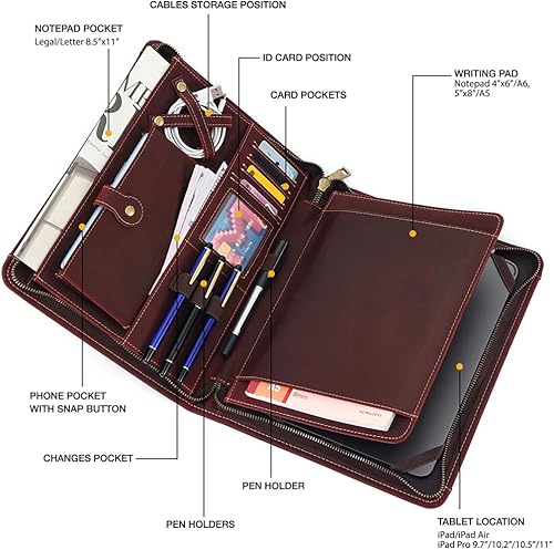 Miniatura 3 de Luxffel Cartera de cuero, Padfolio de cuero para hombres y mujeres con cremallera, organizador de cartera de cuero de caballo loco vintage, carpeta