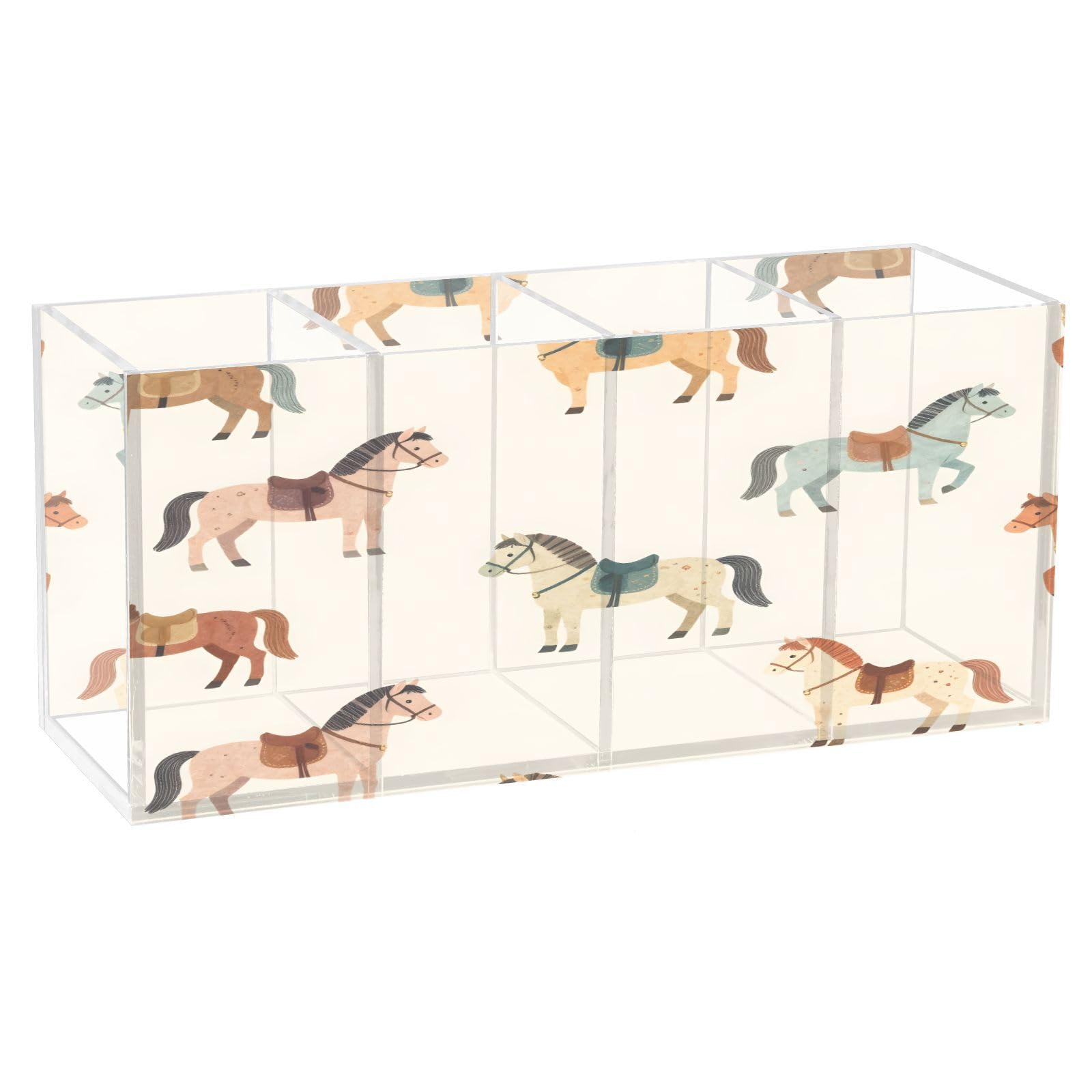 Ewusp Horse Acrylic Pencil Holder Cup 4 Compartments Pen Holder Desktop Stationery Organizer Makeup Brush Holder Desk Accessories for Home Office Supplies