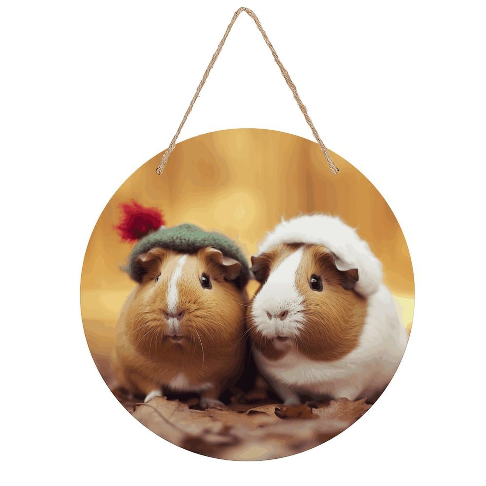 FekiLoot Cute Guinea Pigs Wall Art Decor Rustic Welcome Sign Round Wood Hanging Sign Decoration Wood Plaque Door Hanger Wooden Signs Wall Hanging Decor Housewarming Gift for Home Outdoor Indoor