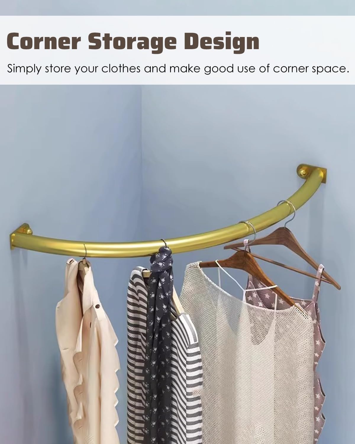 Gold Corner Closet Rod - C Shaped Curved Clothes Hanging Bar for Boutique, Retail Mall, Bathroom - Commercial Clothes Drying Rack, 100x100cm (39.4x39.4)