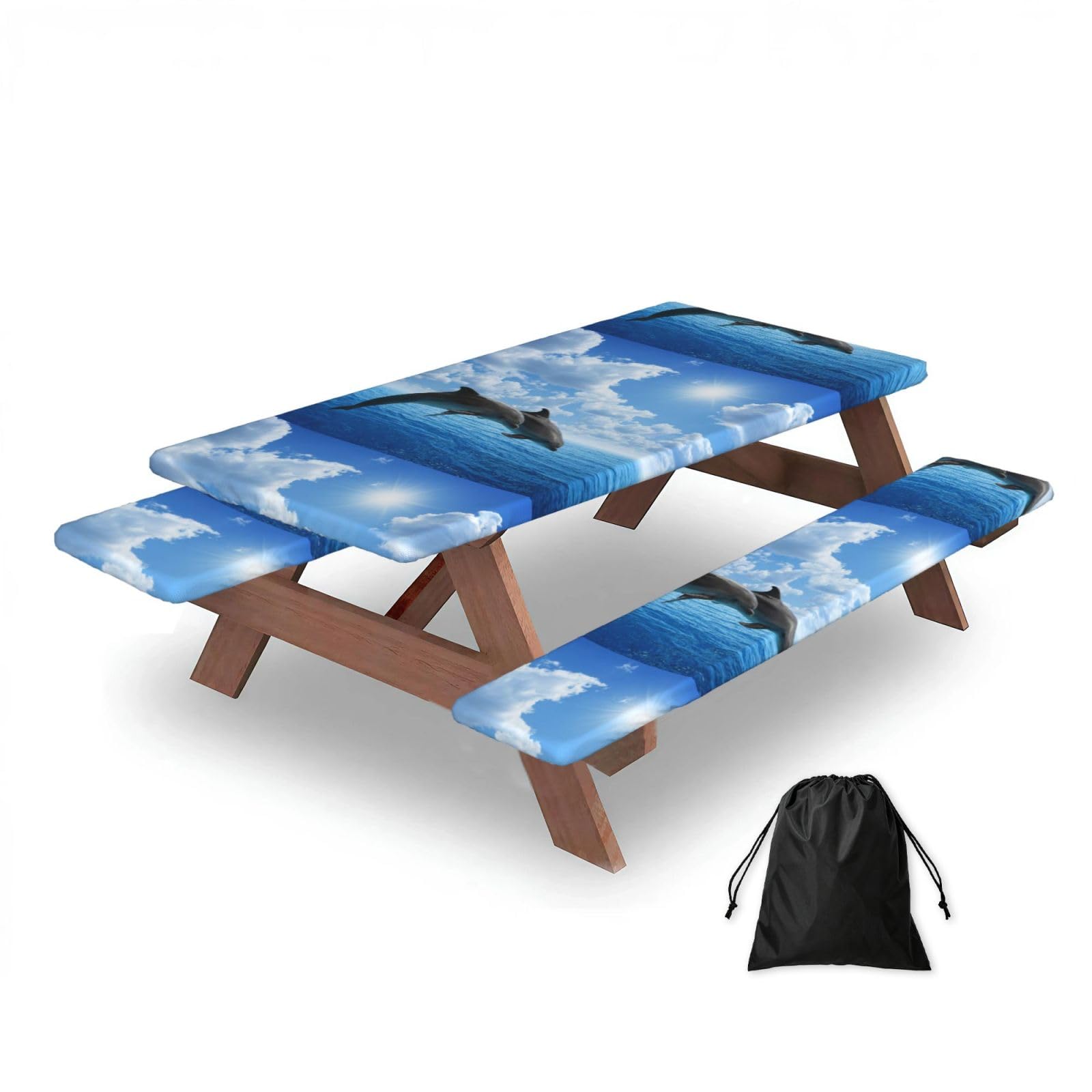 Two Dolphins, Picnic Table Cover With Bench Covers -Waterproof Elastic Fitted Tablecloth for Garden Camping Patio 76x152cm