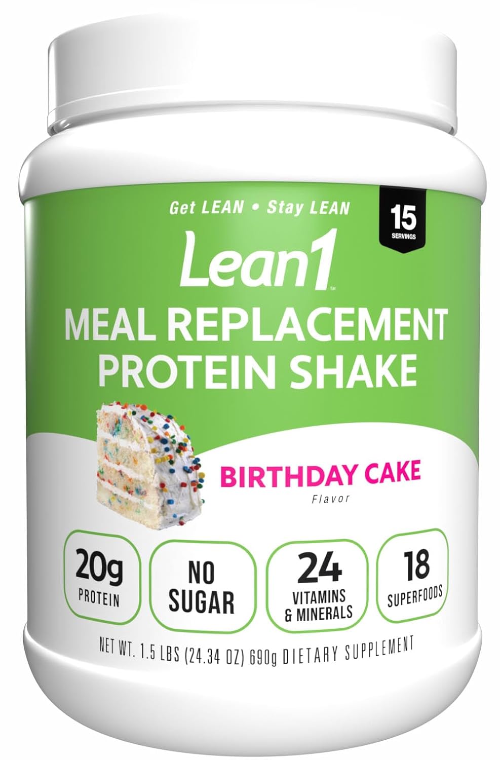 N53 Lean1 Meal Replacement Protein Powder, Birthday Cake Flavor, 15 Serving tub, No Sugar Added