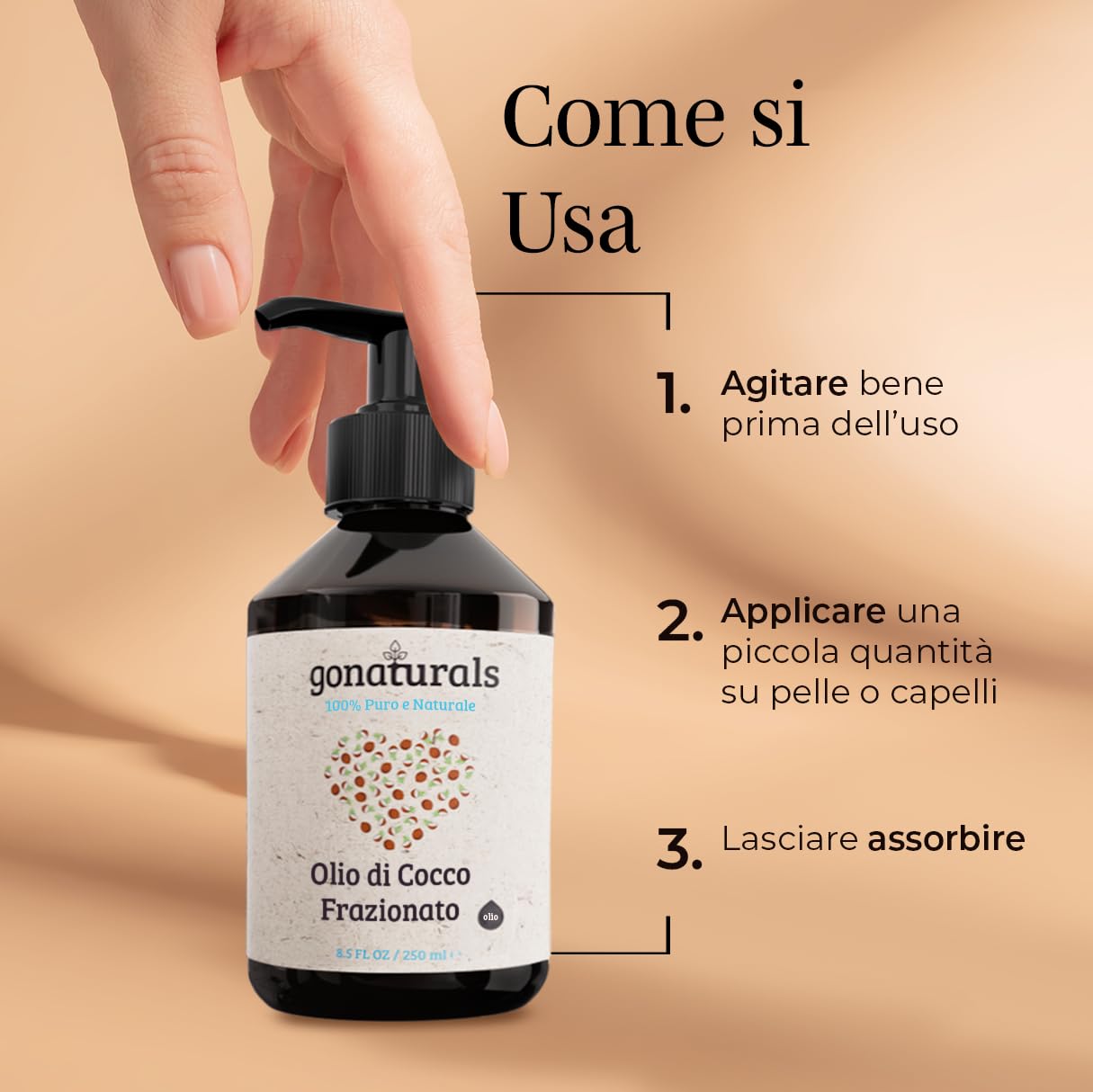 GoNaturals® Olio di Cocco Frazionato 100% Puro – Leggero e Non Unto – Olio di Cocco Capelli, Corpo, Viso – Olio Vettore per Oli Essenziali e Aromaterapia – Inodore e Sempre Liquido – 250 ml
