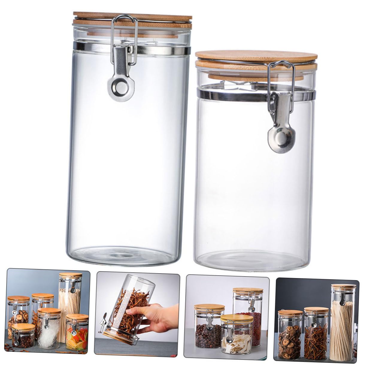 GLEAVI Tarros de Cocina Herméticos 1280ml y 1140ml de Vidrio y Acero Inoxidable Tapa Sellada, Contenedores para Alimentos Secos para Despensa y Organización de Cocina, Set de 2 Piezas