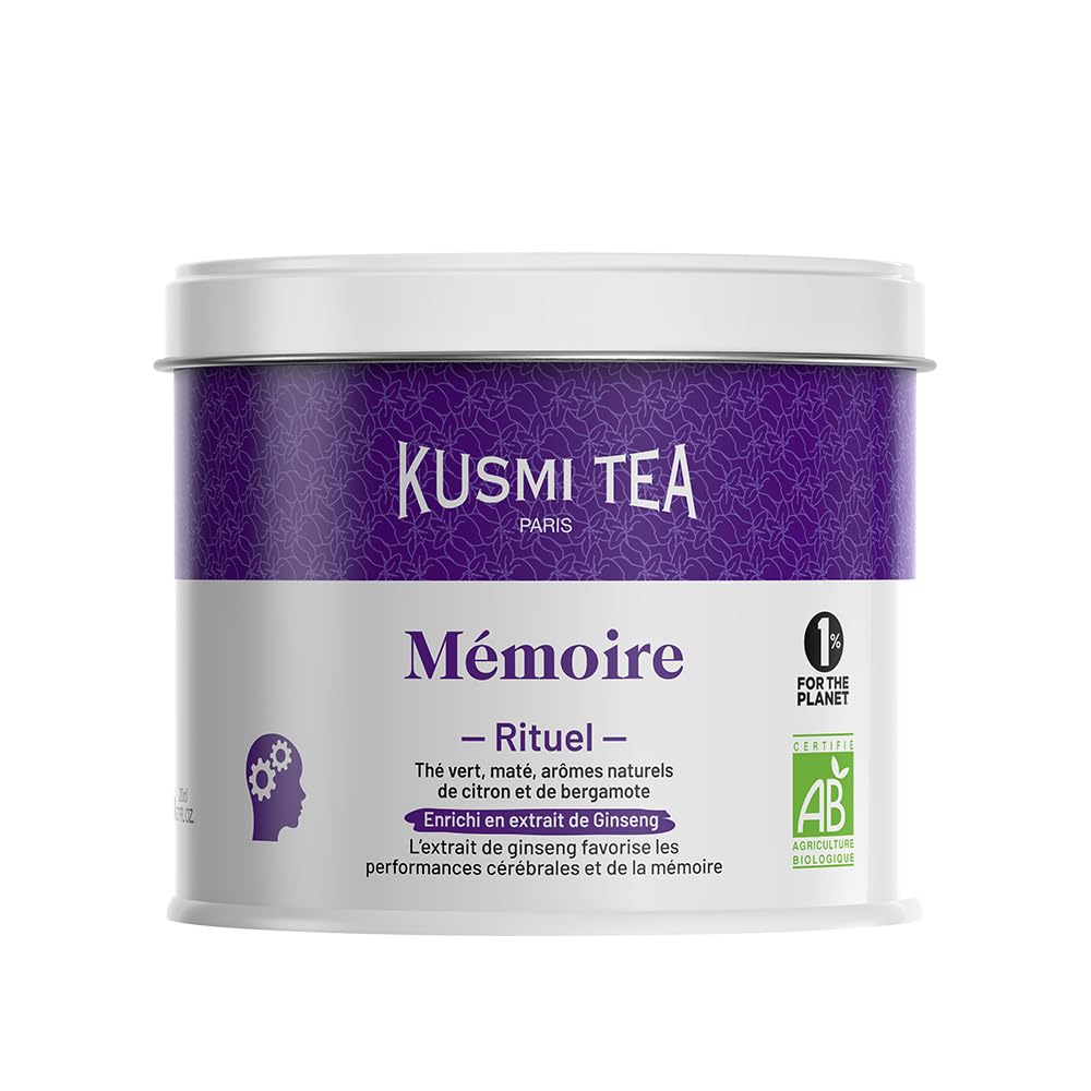 Kusmi Tea - Rituel Mémoire - Thé Vert, Maté Bio - Enrichi en extrait de Ginseng - Arômes Naturels de Citron et de Bergamote - Boîte Thé Métal 100g - Quantité pour environ 50 Tasses